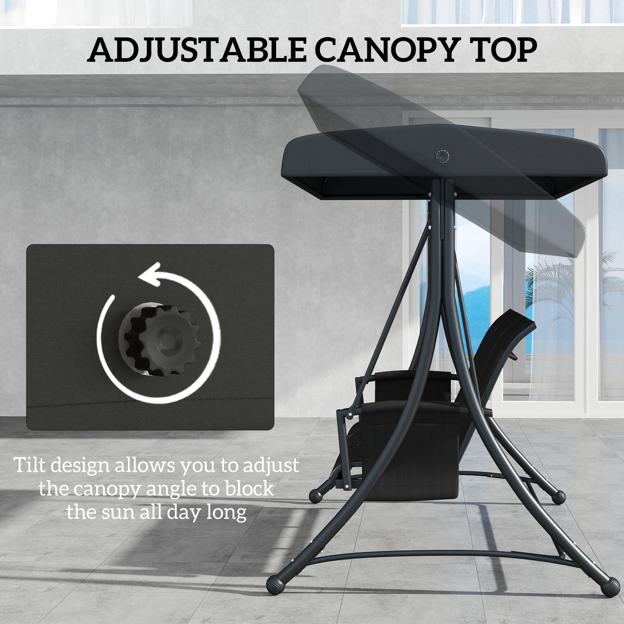 Outsunny 3 Person Outdoor Porch Swing Chair with Adjustable Canopy, Black