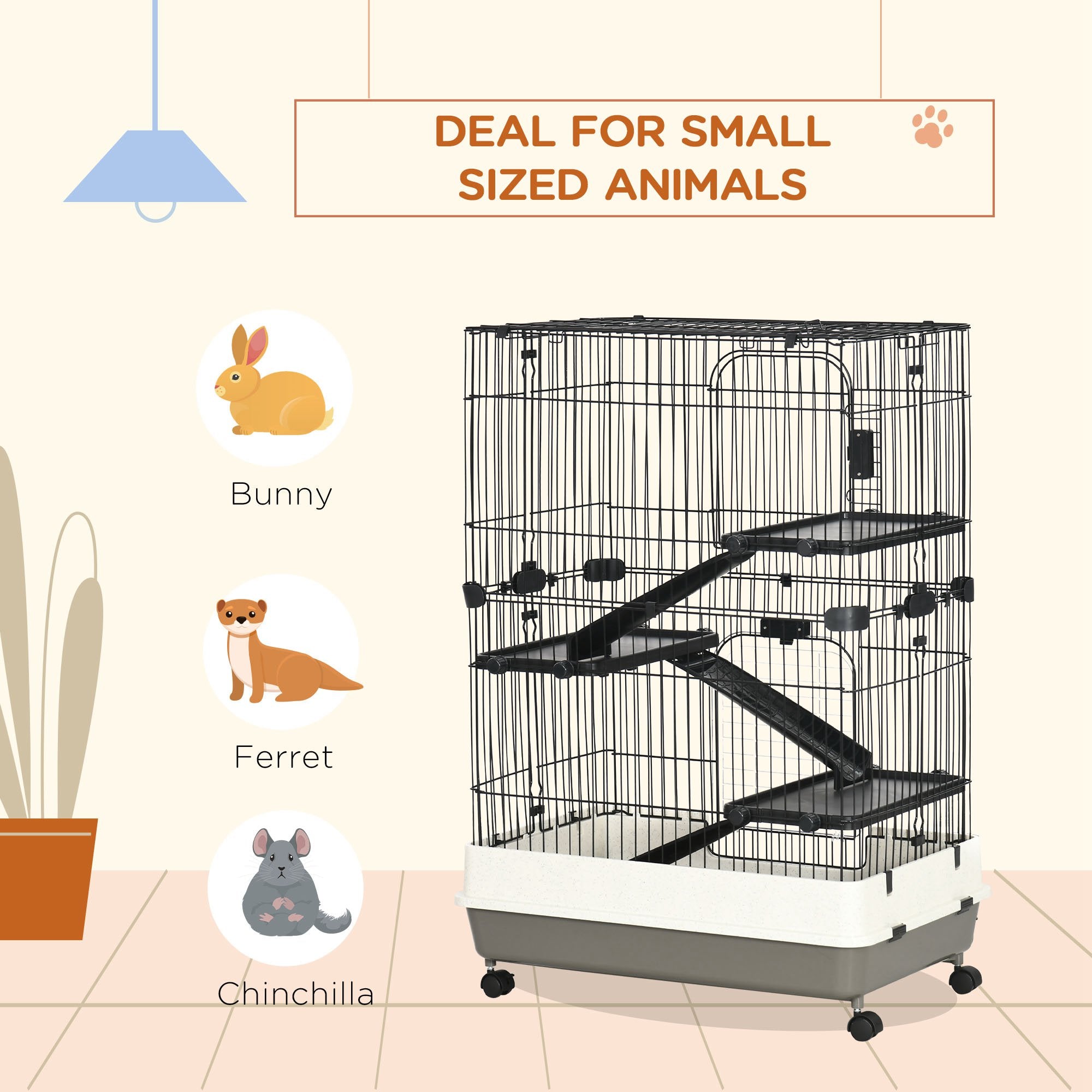 PawHut 45"H 4-Level Small Animal Cage Rabbit Hutch with Universal Lockable Wheels, Slide-out Tray for Bunny, Chinchillas, Ferret, Black