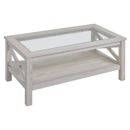 HOMCOM Farmhouse Coffee Table with Tempered Glass Table Top, 2-tier Center Table with Bottom Storage Shelf for Living Room, Bedroom