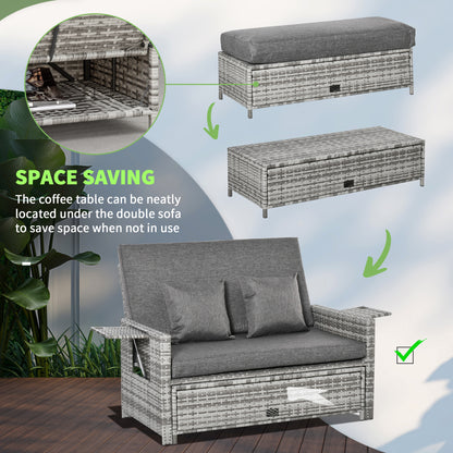 Outsunny 2 Piece Rattan Outdoor Daybed, 2 Seater Sofa Set with Footstool, Storage, Cushions and Pillows for Garden, Patio, Grey