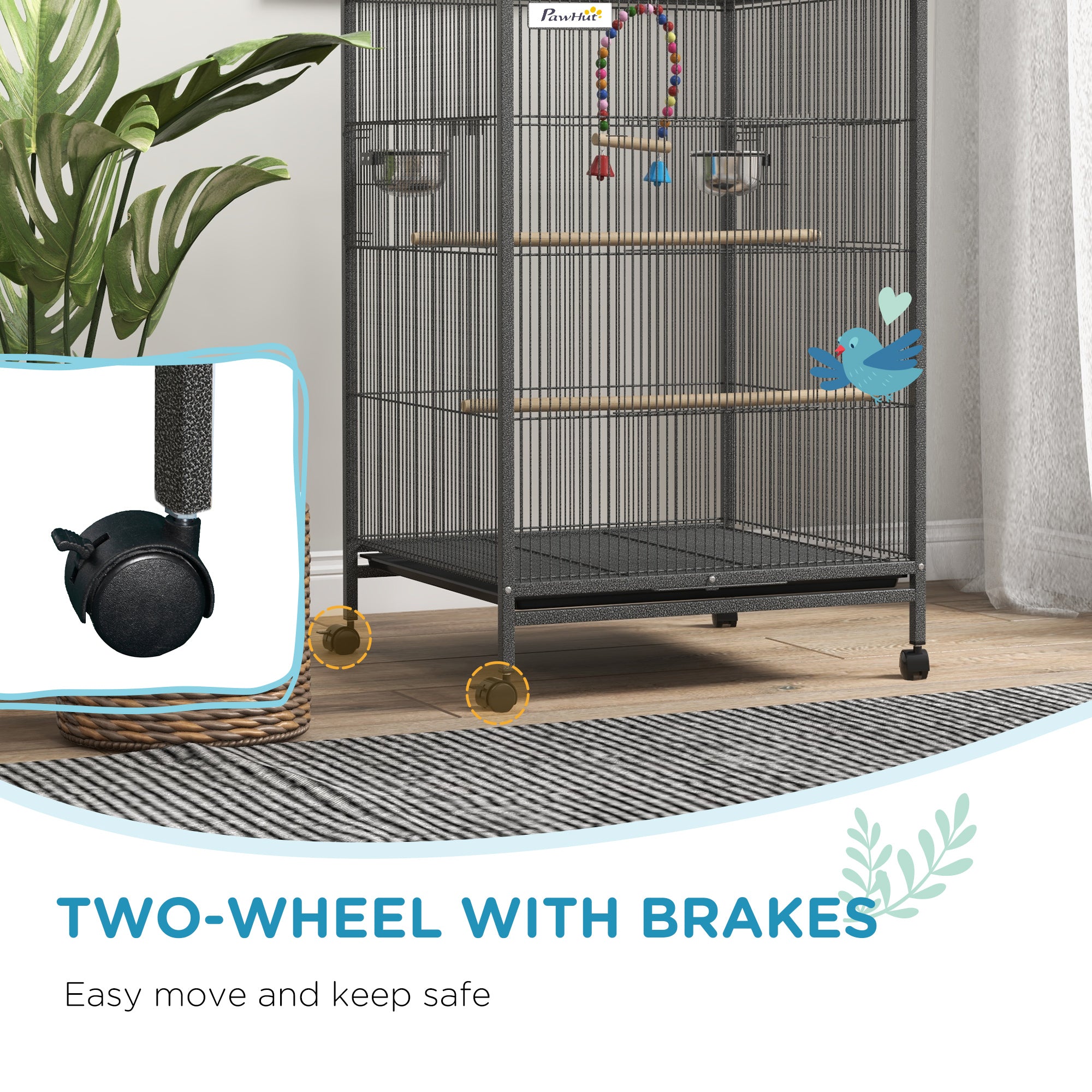 PawHut 29" Bird Cage for Parrots Lovebirds Budgies Finches, Flight Cage with 5 Doors, Swing, Stainless Steel Bowls, Removable Tray, Wheel, Grey