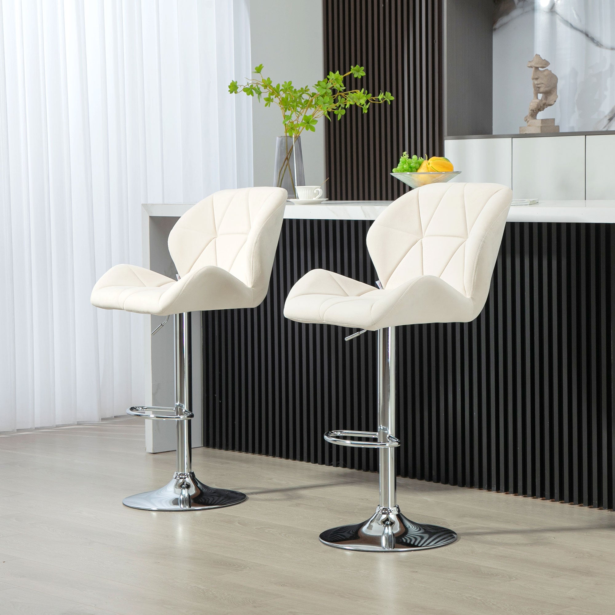 HOMCOM Bar Stool Set of 2 Fabric Adjustable Height Armless Upholstered Counter Chairs with Swivel Seat, Cream White
