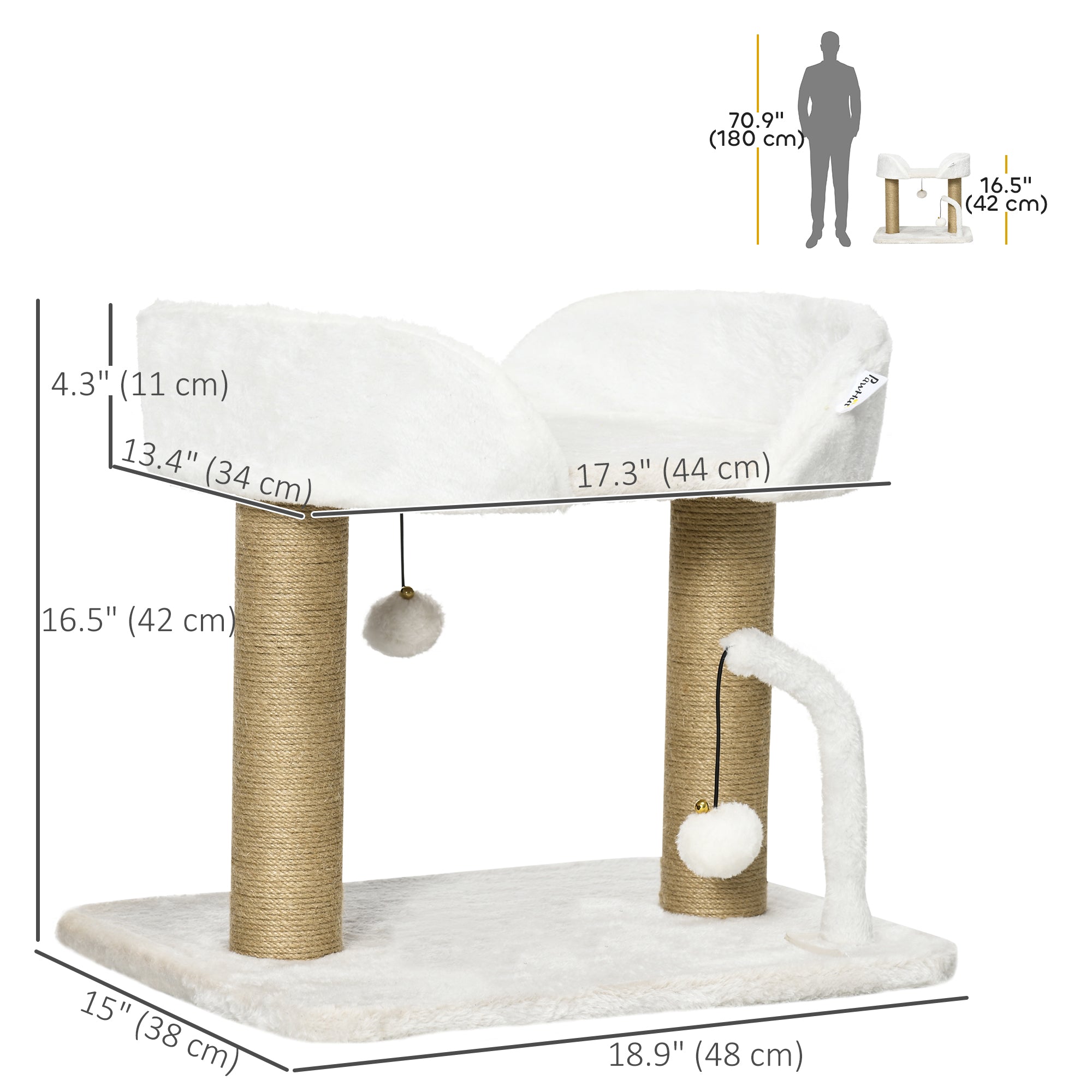 PawHut Cat Tower Condo for Indoor Cats, Small Cat Tree with Jute Scratching Posts, Top Perch, Dangling Balls, White