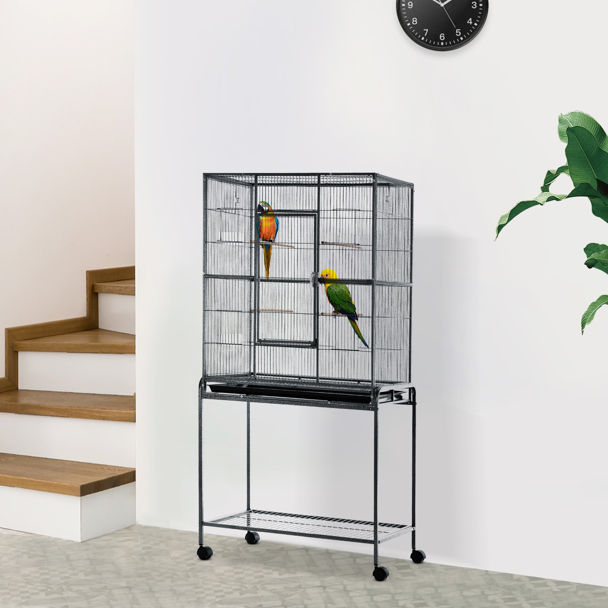 PawHut 30'' Large Rolling Metal Bird Cage Bird House with Detachable Rolling Stand, Storage Shelf, Wood Perch Food Container - Black