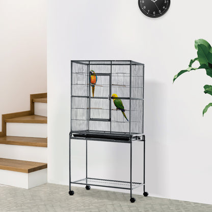 PawHut 30'' Large Rolling Metal Bird Cage Bird House with Detachable Rolling Stand, Storage Shelf, Wood Perch Food Container - Black