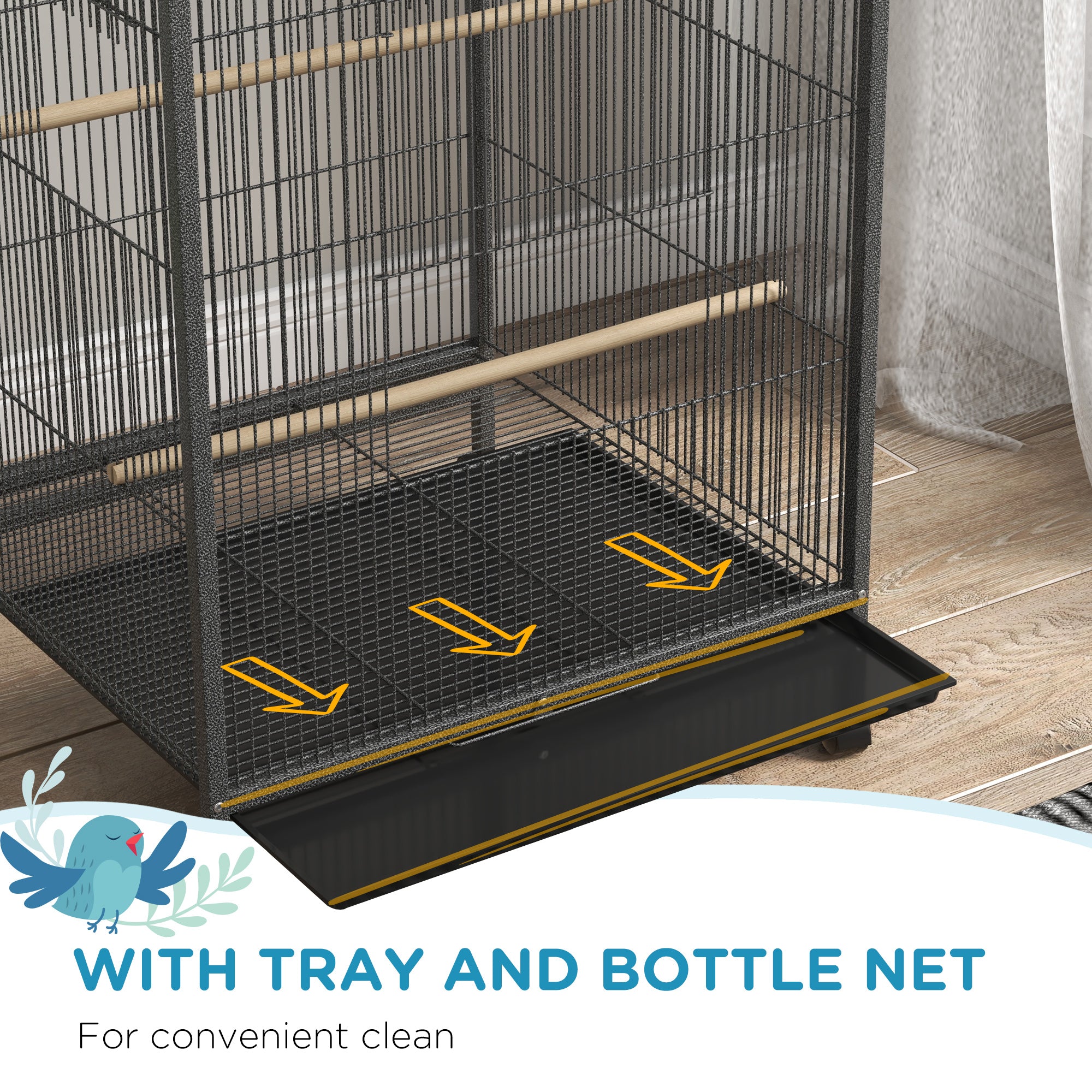 PawHut 29" Bird Cage for Parrots Lovebirds Budgies Finches, Flight Cage with 5 Doors, Swing, Stainless Steel Bowls, Removable Tray, Wheel, Grey