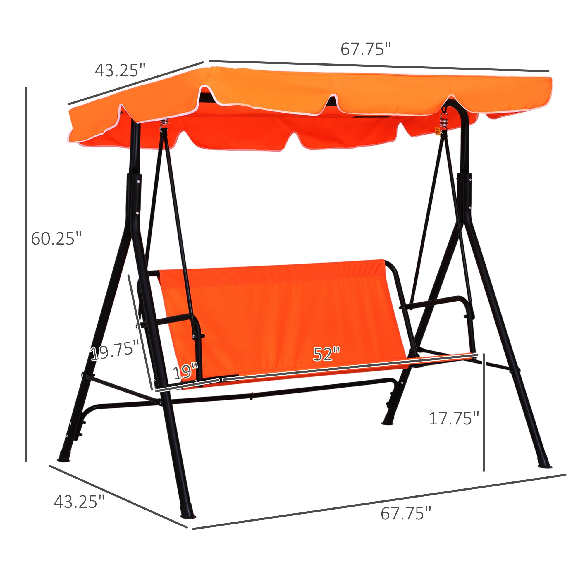 Outsunny 3-Seater Outdoor Porch Swing with Adjustable Canopy, Patio Swing Chair for Garden, Poolside, Backyard, Orange
