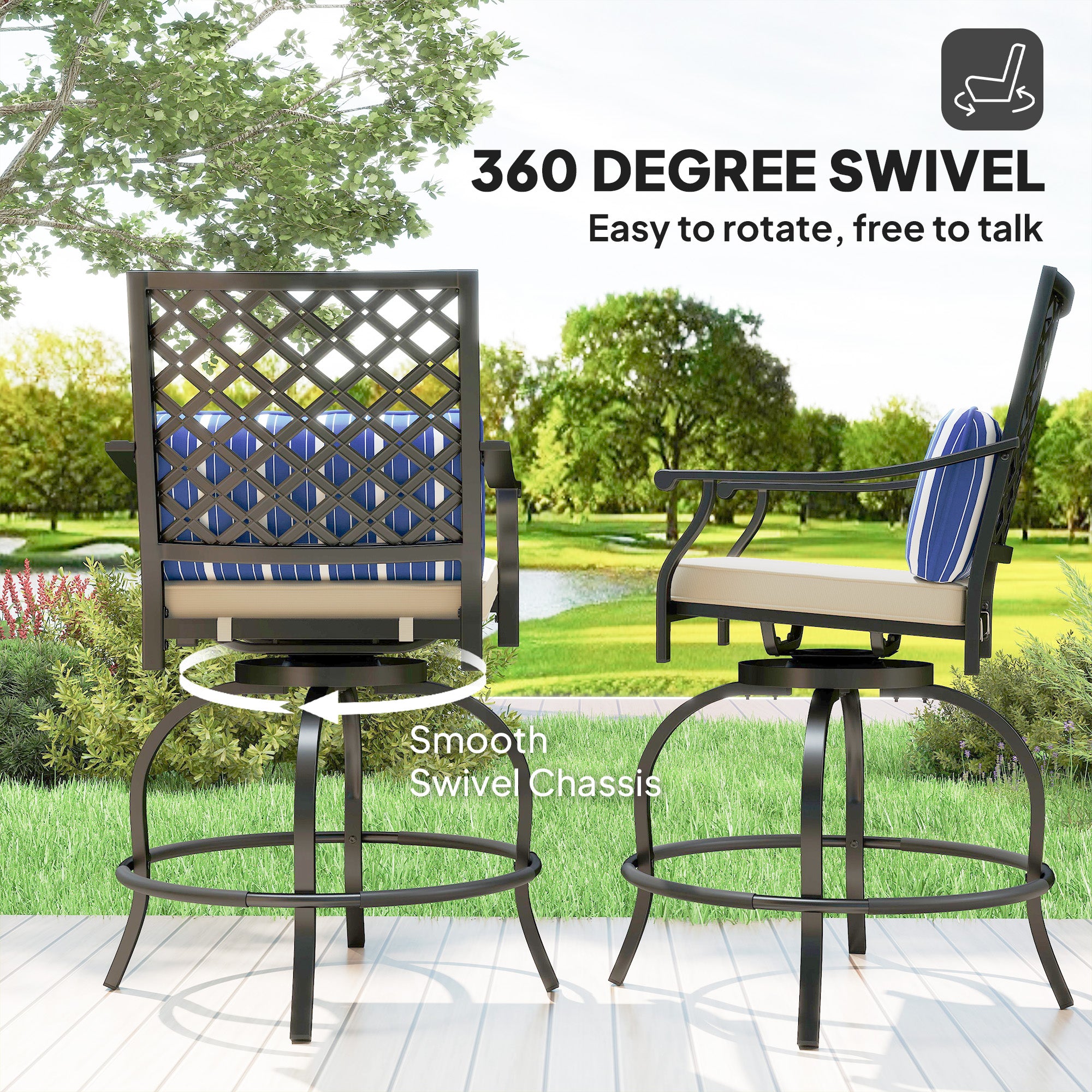 Outsunny Outdoor Bar Stools Set of 2, Bar Height Swivel Patio Chairs with Cushion, Pillow Footrest for Poolside, Backyard