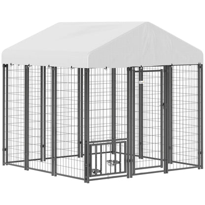 PawHut Outdoor Dog Kennel with Waterproof UV-Resistant Cover, Rotating & 4-Level Adjustable Feeding Bowls, 5.9 x 5.9 x 6 ft