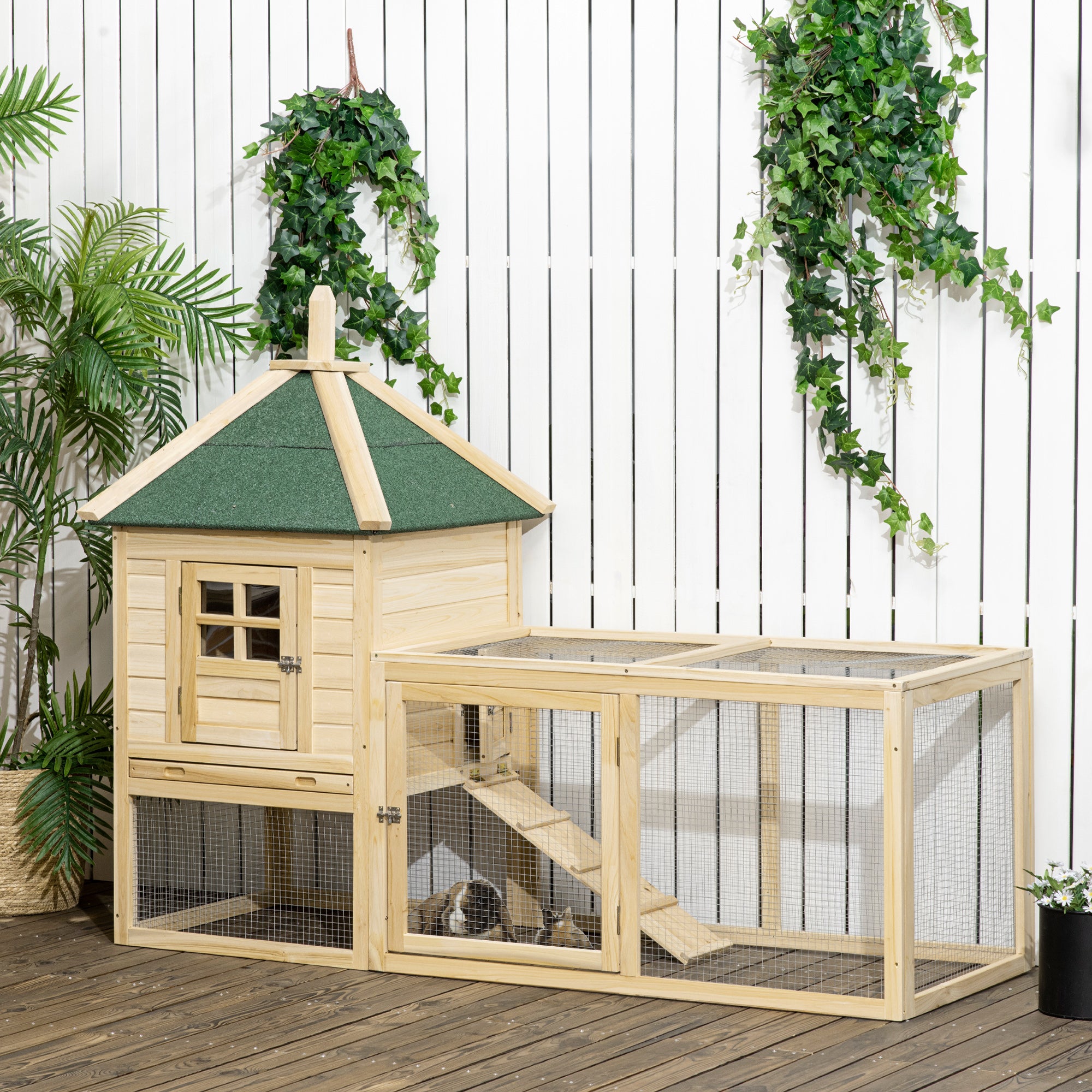PawHut 68" Wooden Rabbit Hutch, Pet Playpen with 3 Doors, Bunny House Enclosure with Slide-out Tray, Ramp, for Rabbits and Small Animals, Natural