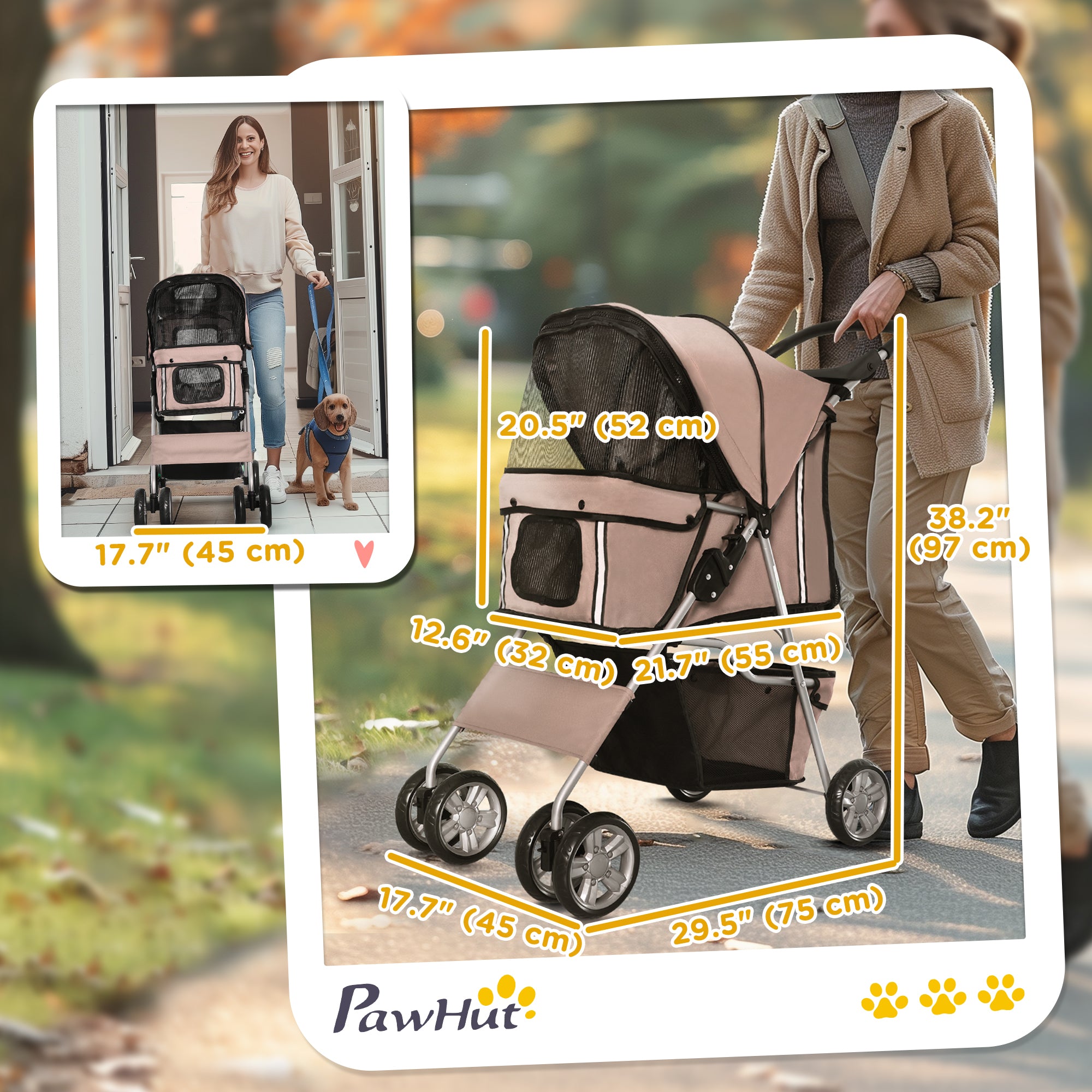 PawHut 4 Wheel Dog Pet Stroller Dog Cat Carrier Folding Sunshade Canopy with Brake, Brown