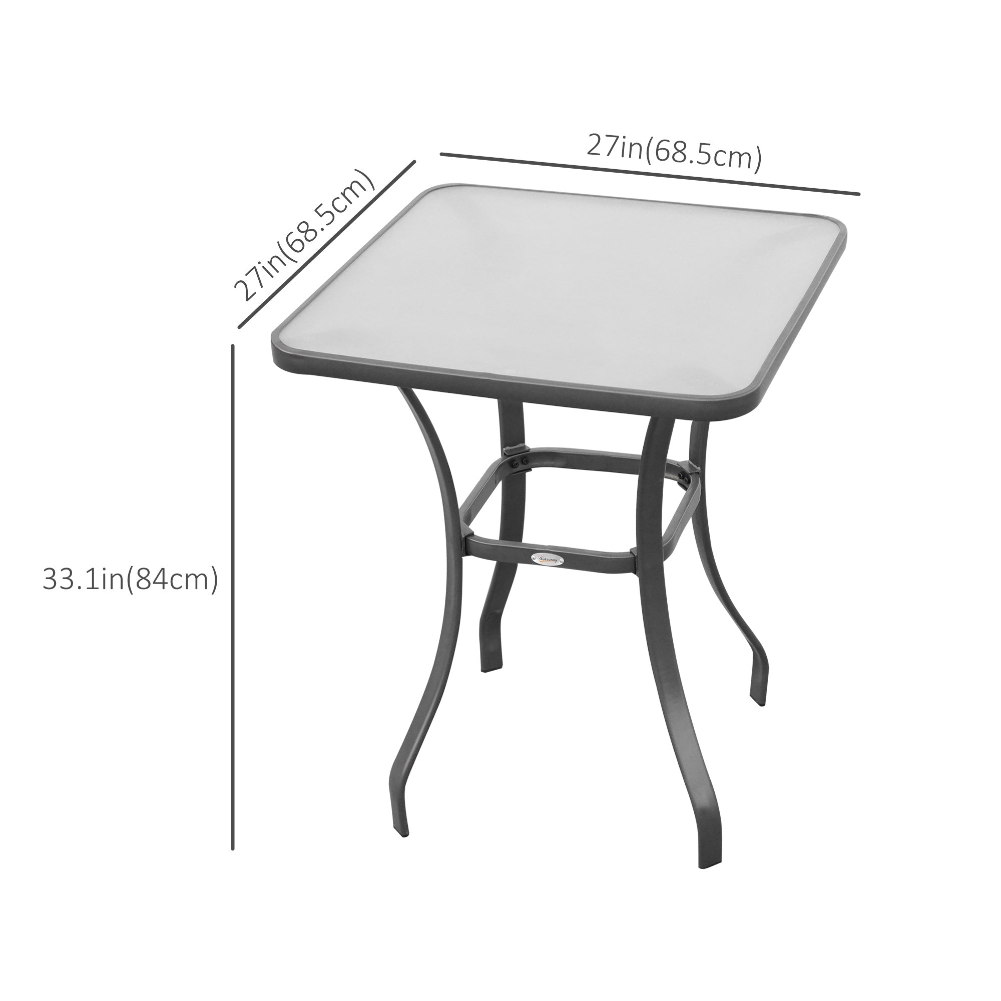 Outsunny 27" Patio Square Table with Tempered Glass Top Outdoor Dining Bar Table Steel Backyard Bistro Table Steel Frame