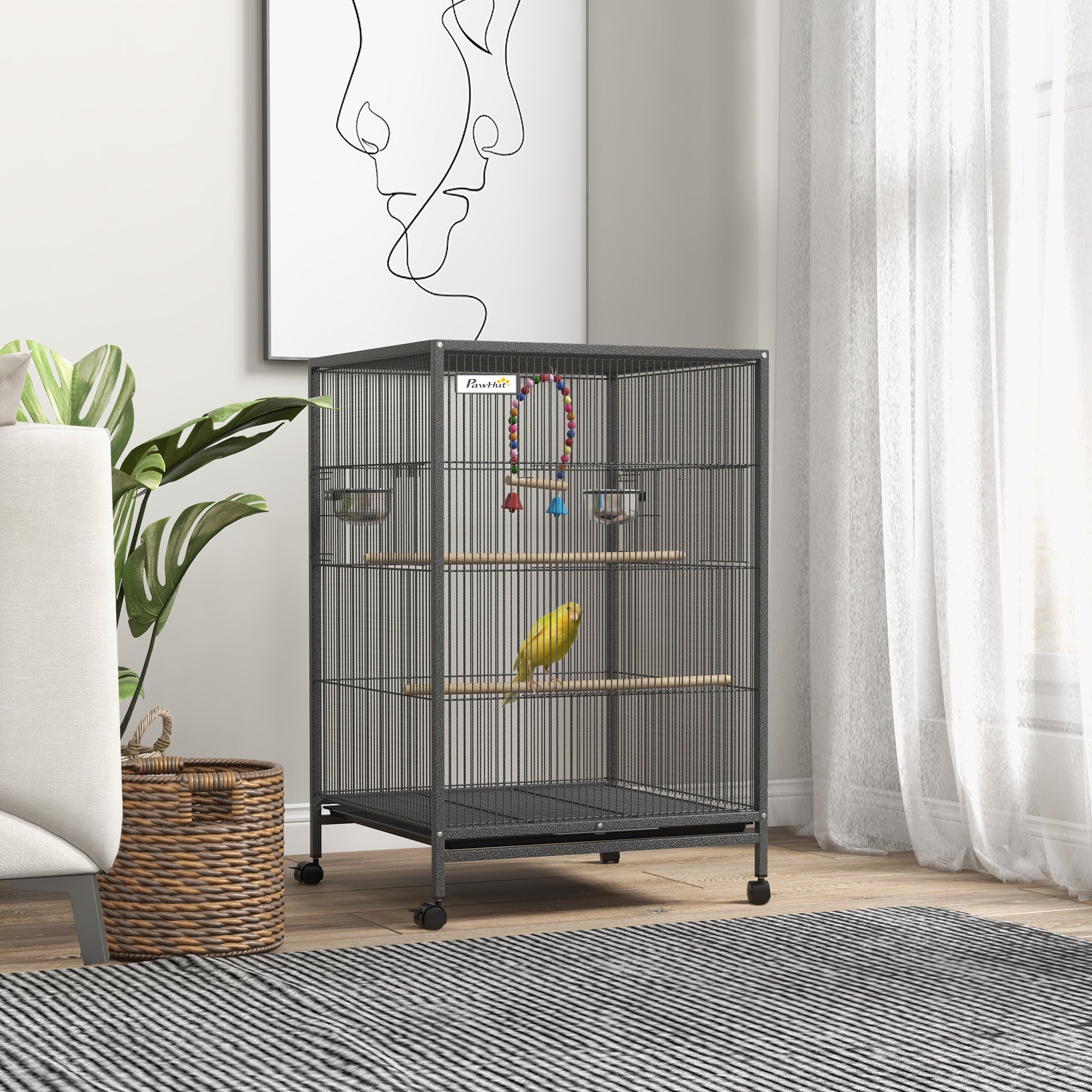 PawHut 29" Bird Cage for Parrots Lovebirds Budgies Finches, Flight Cage with 5 Doors, Swing, Stainless Steel Bowls, Removable Tray, Wheel, Grey