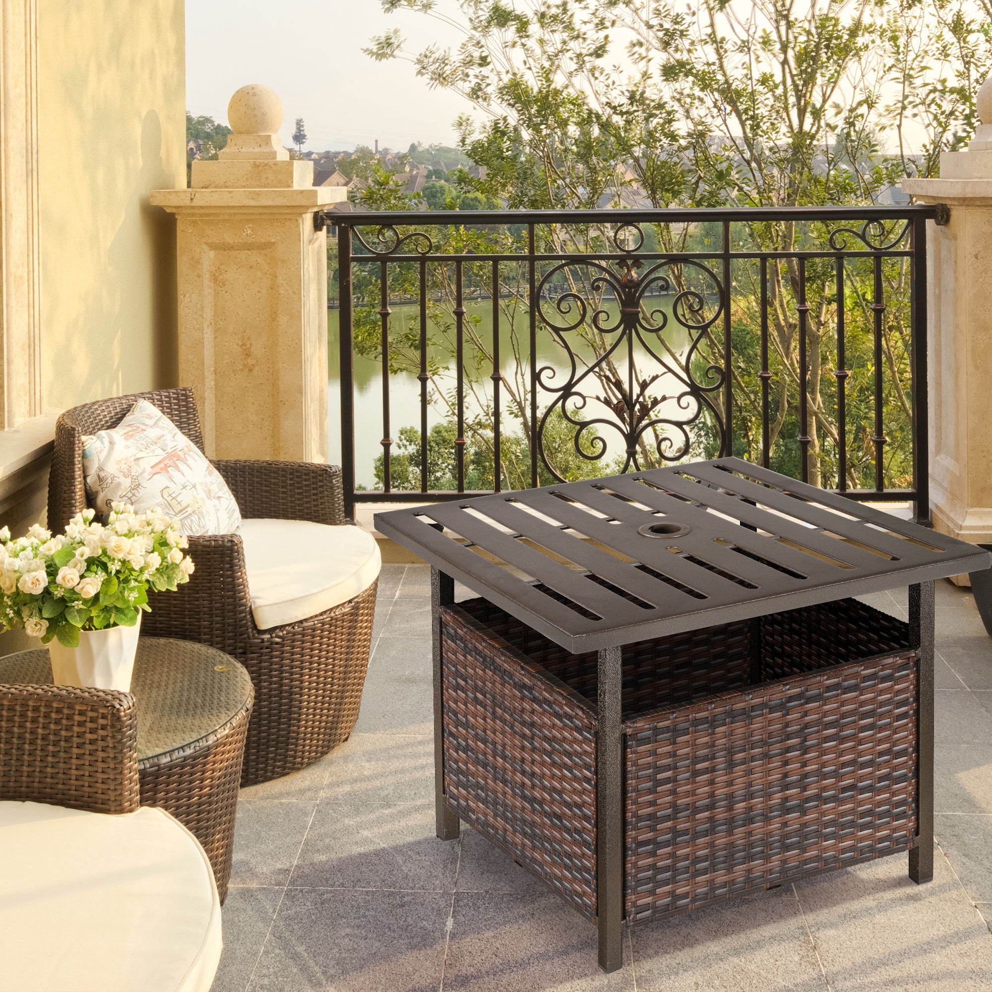 Outsunny 21.75" Outdoor Rattan Wicker Patio Coffee Table with Umbrella Hole, Patio Side Table with Slatted Metal Top, Brown