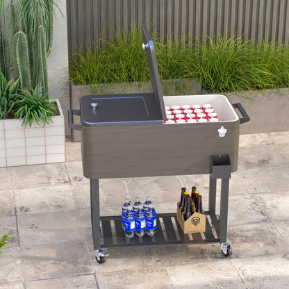 Outsunny Outdoor Beverage Cooler Bar Cart, 67-Qt Patio Cooler Cart Rolling Ice Chest with Shelf, Bottle Opener and Wheels, Grey