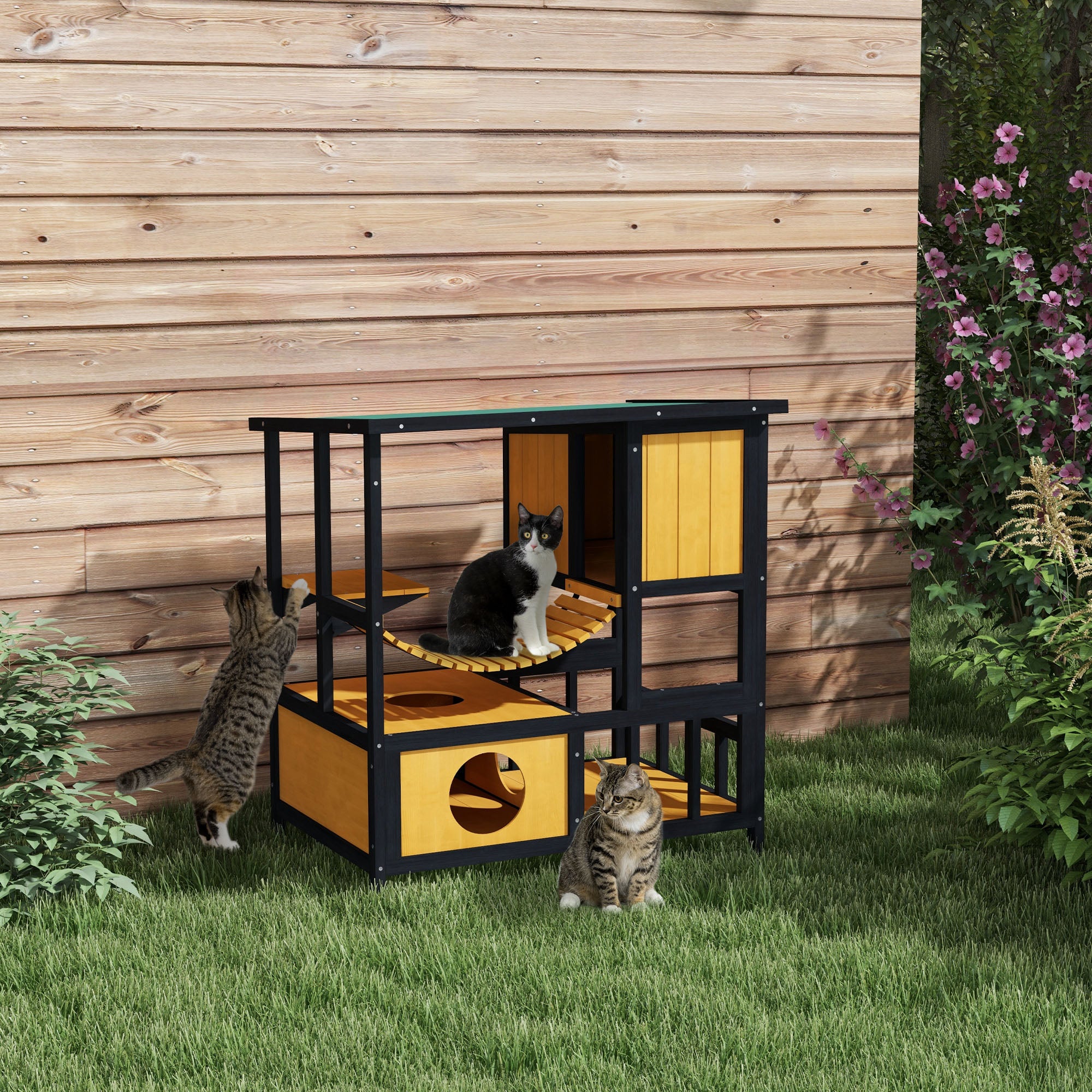 PawHut Outdoor Cat Enclosure for Patio with Suspension Bridge, Condos, Escape Doors, Jumping Platform, Water-Resistant Roof
