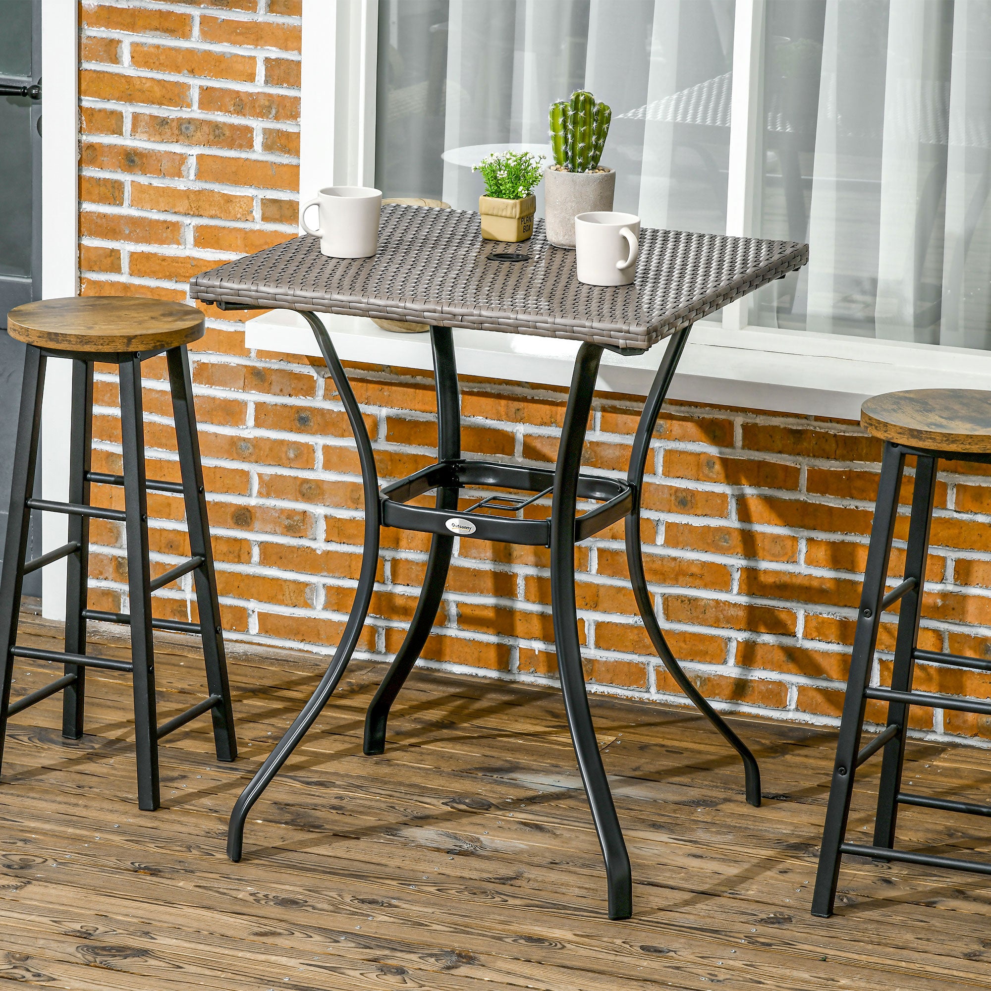 Outsunny Patio Wicker Dining Table with Umbrella Hole, 34 Inch Outdoor PE Rattan Coffee Table with Plastic Board Under the Woven Table Top for Patio, Garden, Balcony, Light Grey