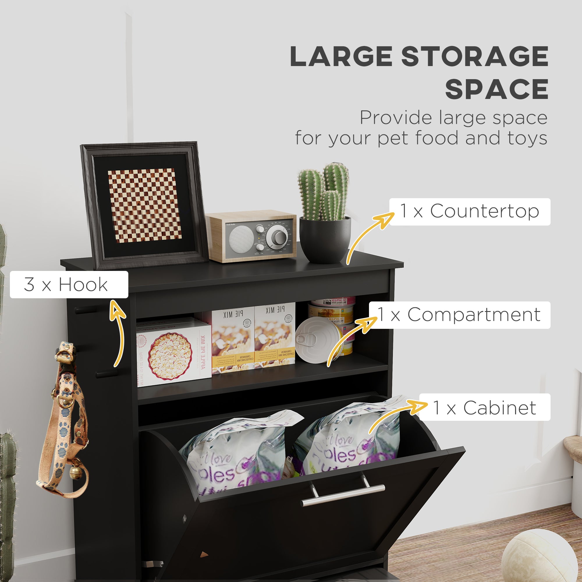 PawHut Pet Feeder Station Storage Cabinet, Dog Food Storage Container with Dog Raised Bowls, Watering Supplies, Black