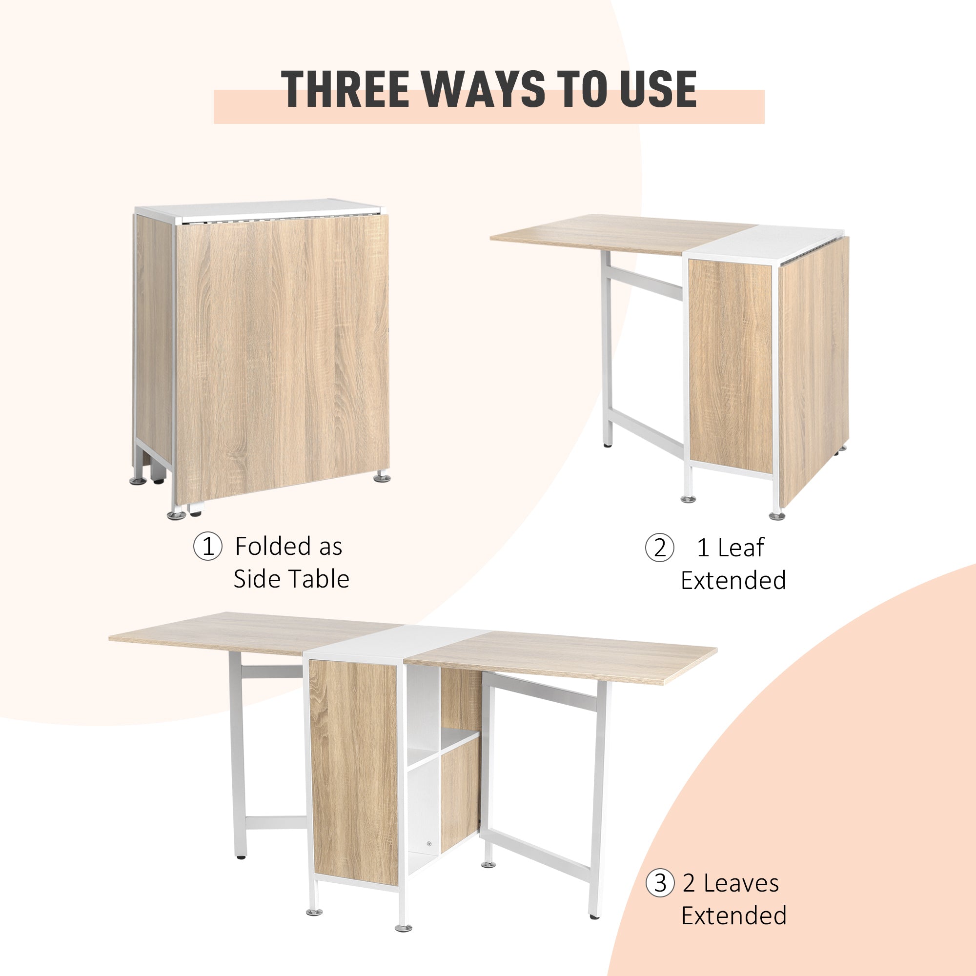 HOMCOM Multi-use Space Saving Folding Dining Table with Hideaway Shelves for Kitchen, Dining, Study and Office