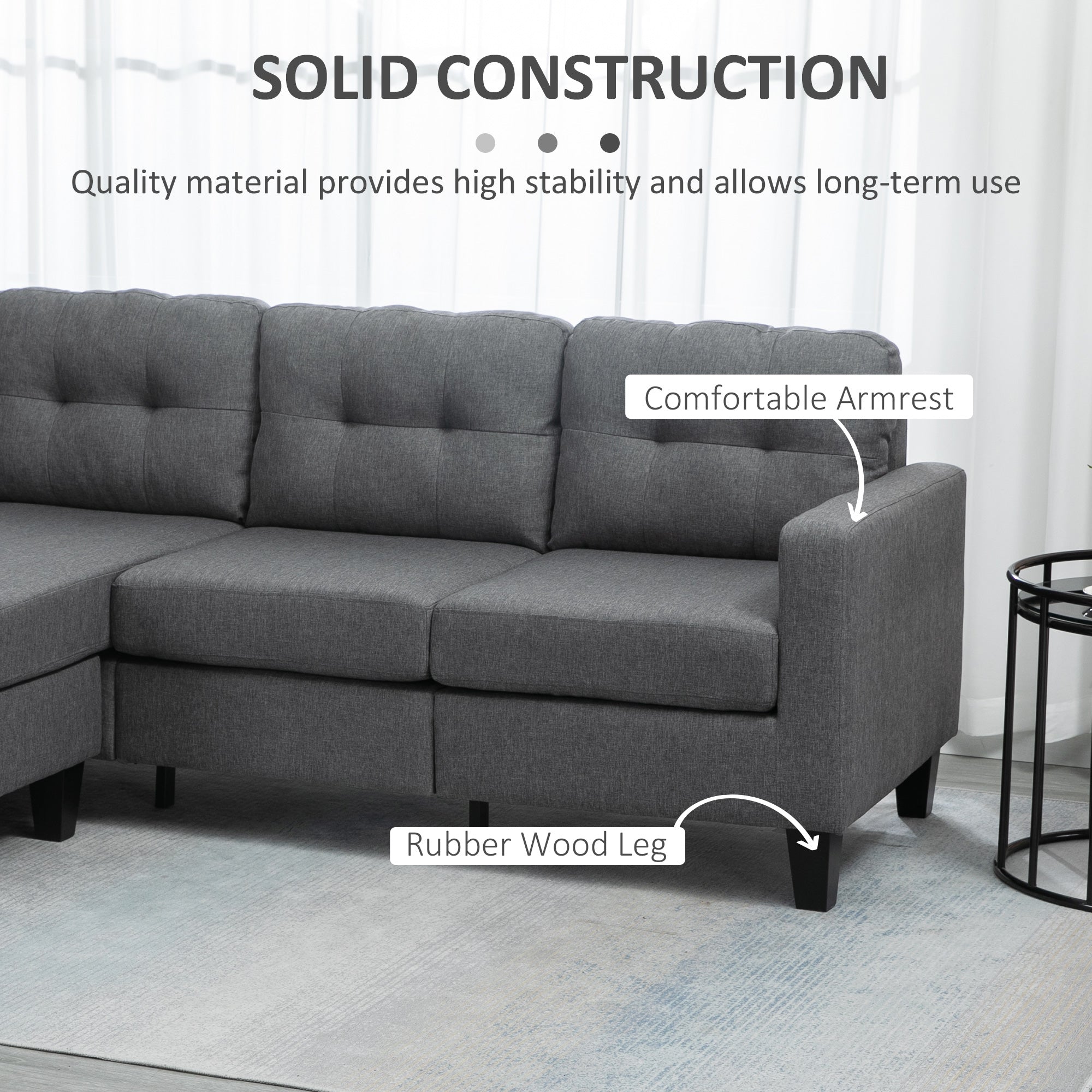 HOMCOM L-shaped Sofa, 3 Seater Couch with Ottoman, Corner Sofa with Thick Padded Cushion and Wood Legs, Dark Grey