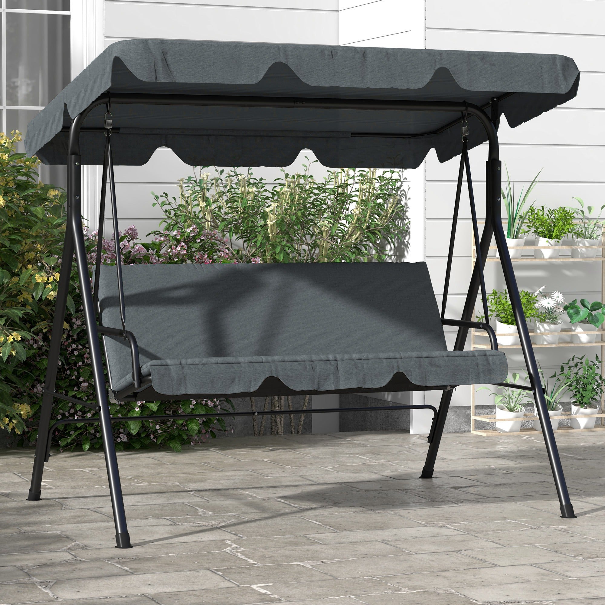Outsunny 3-Seater Outdoor Porch Swing with Adjustable Canopy, Patio Swing Chair for Garden, Poolside, Backyard, Grey