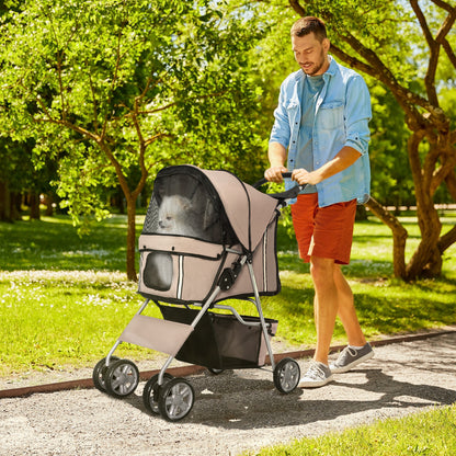 PawHut 4 Wheel Dog Pet Stroller Dog Cat Carrier Folding Sunshade Canopy with Brake, Brown