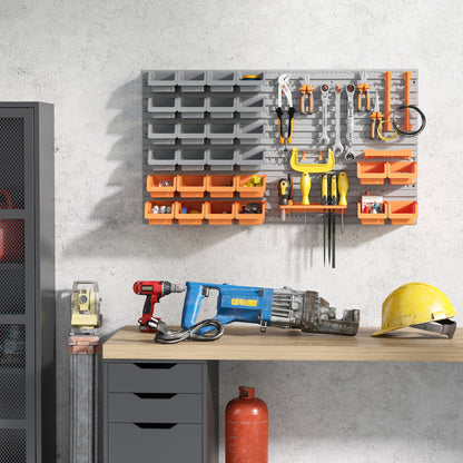 DURHAND 44PC Wall Mounted Storage Bins Parts Rack Kit with Storage Bins, Pegboard and Hooks, Garage Plastic Organizer, Orange