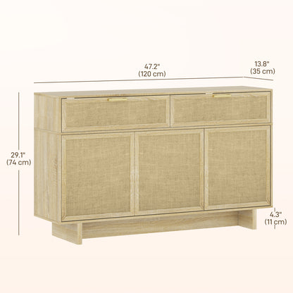 HOMCOM Boho Kitchen Sideboard Buffet Cabinet with Hinge Doors, Drawers and Adjustable Shelf for Living Room, Natural Wood