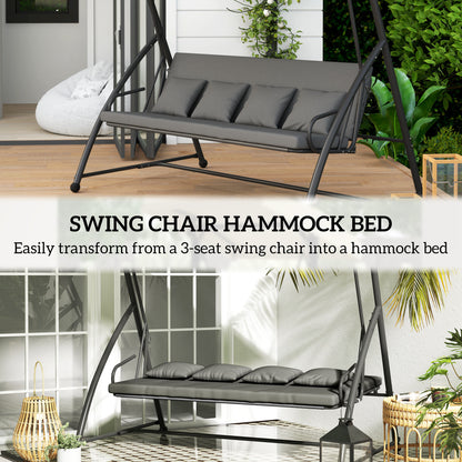 Outsunny Patio Swing Chair, 3 Person Convertible Hammock, Outdoor Swing Lounge Bed, Cushioned with Tilt Canopy, Dark Grey