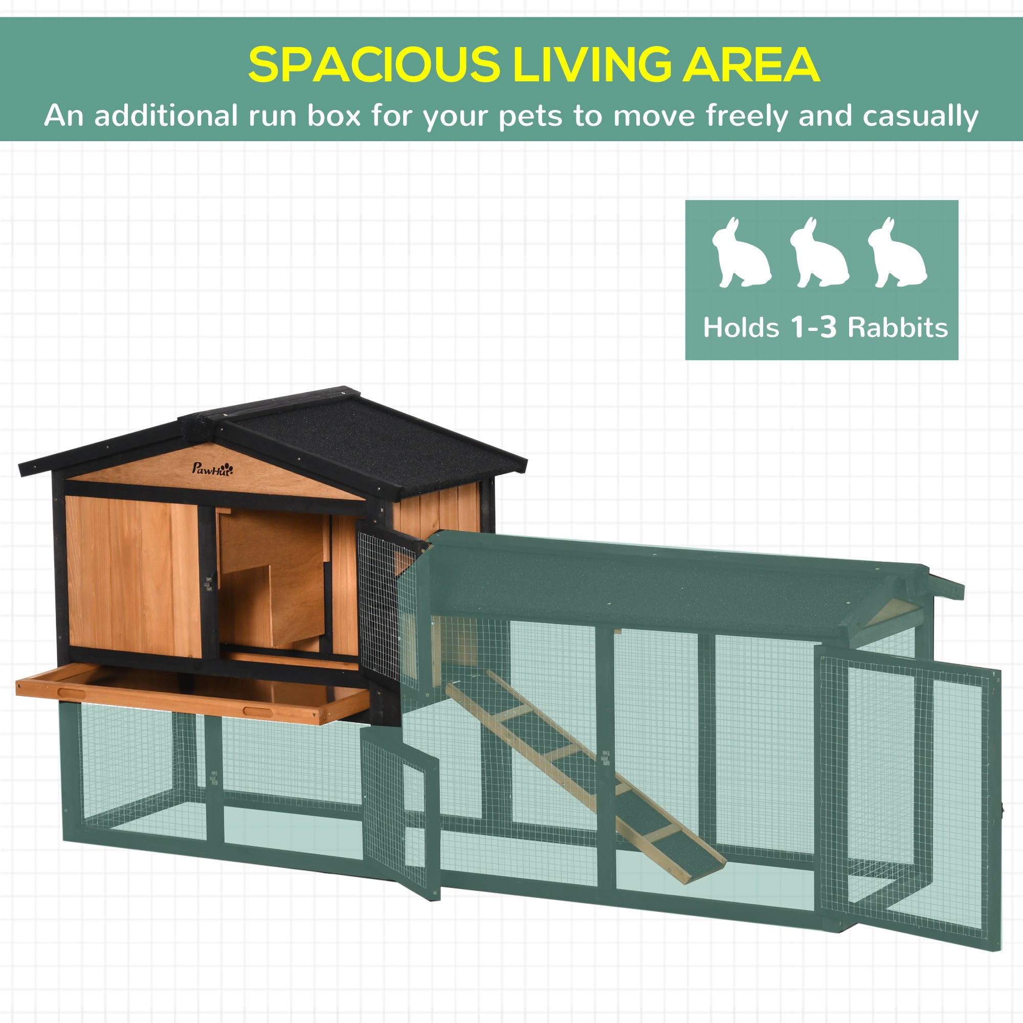 PawHut 69" Wooden Rabbit Hutch Pet Playpen Bunny House Enclosure with Run Box, Slide-out Tray, Ramp, for Rabbits and Small Animals, Black