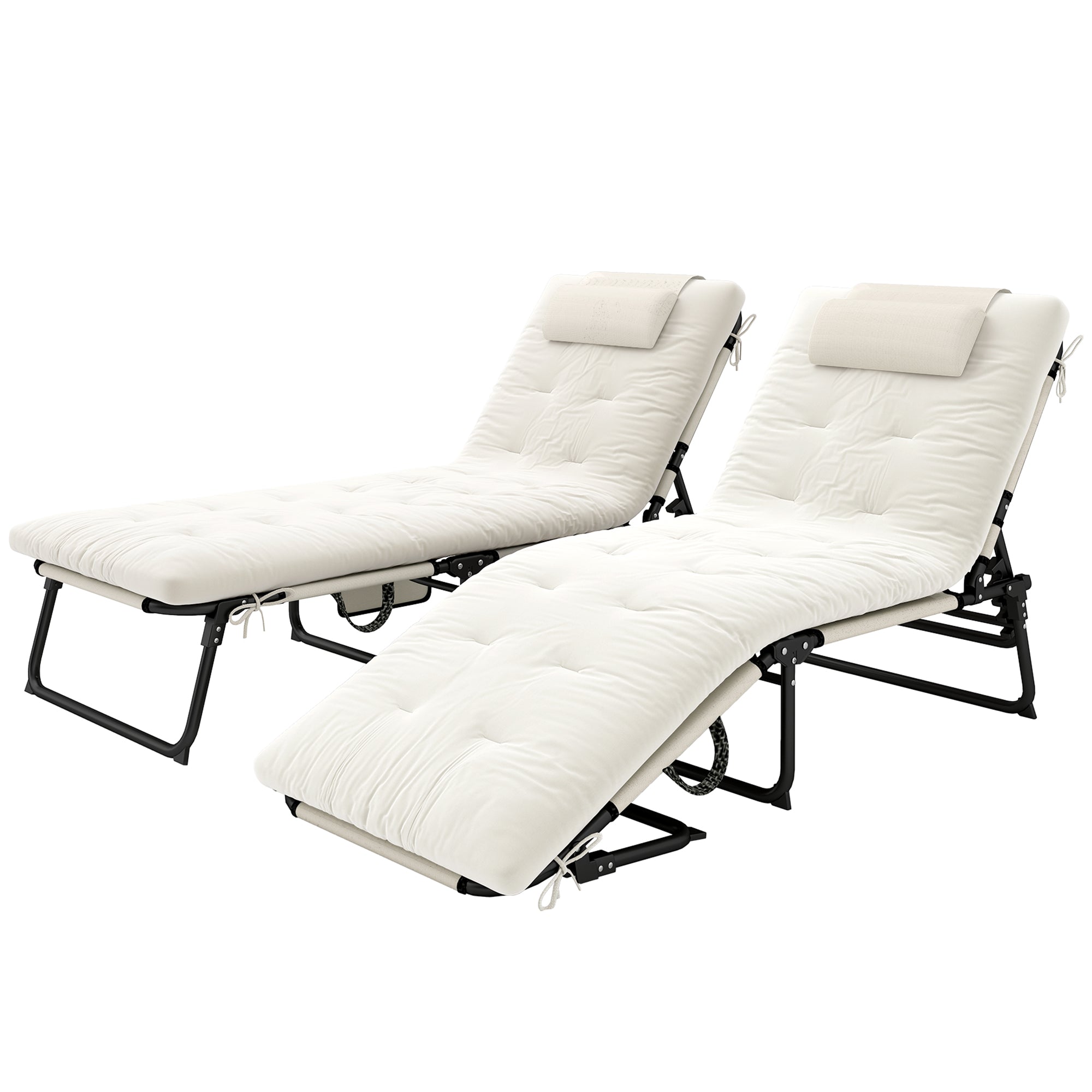 Outsunny 2-Piece Folding Lounge Chairs with Adjustable Backrest, Tanning Chair with Cushion, Side Pocket, Headrest, Beige