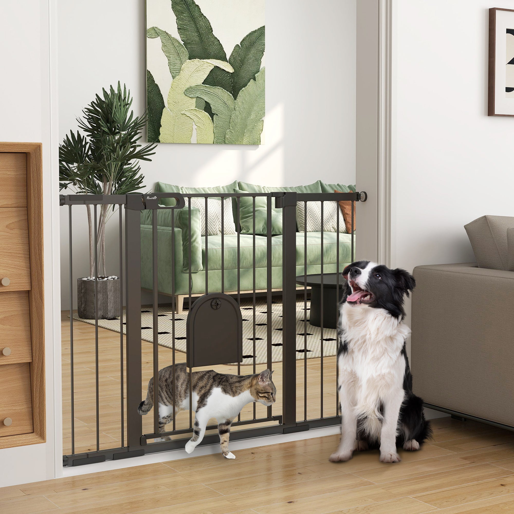 PawHut 30"-52" Extra Wide Pet Gate Barrier with Small Door, 35"H Dog Gate with Safety Gate Barrier, Stair Pressure Fit, Black