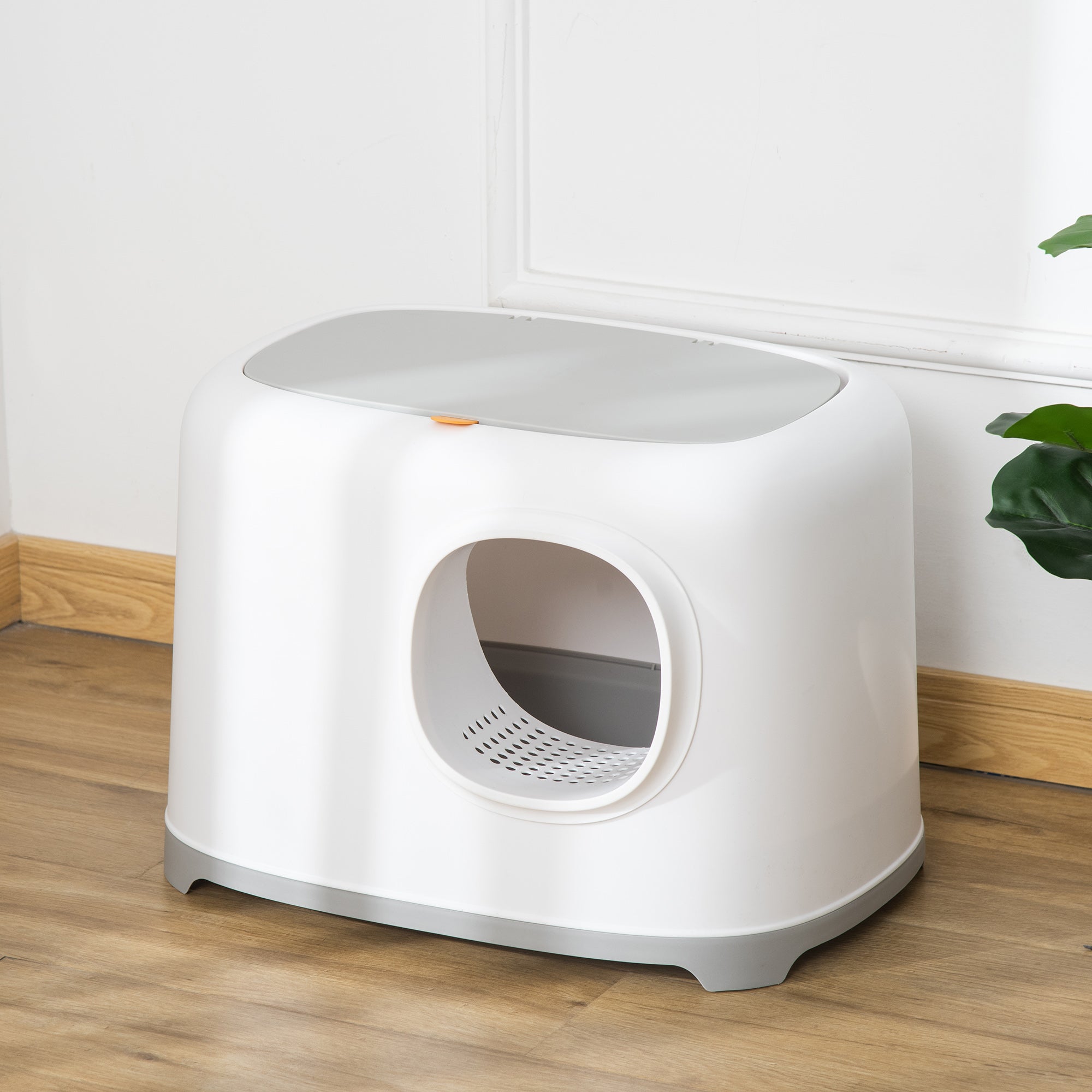 PawHut Cat Litter Box with Anti-Sand Tunnel, Scoop, Open Top, Odor Control & Easy to Clean, White