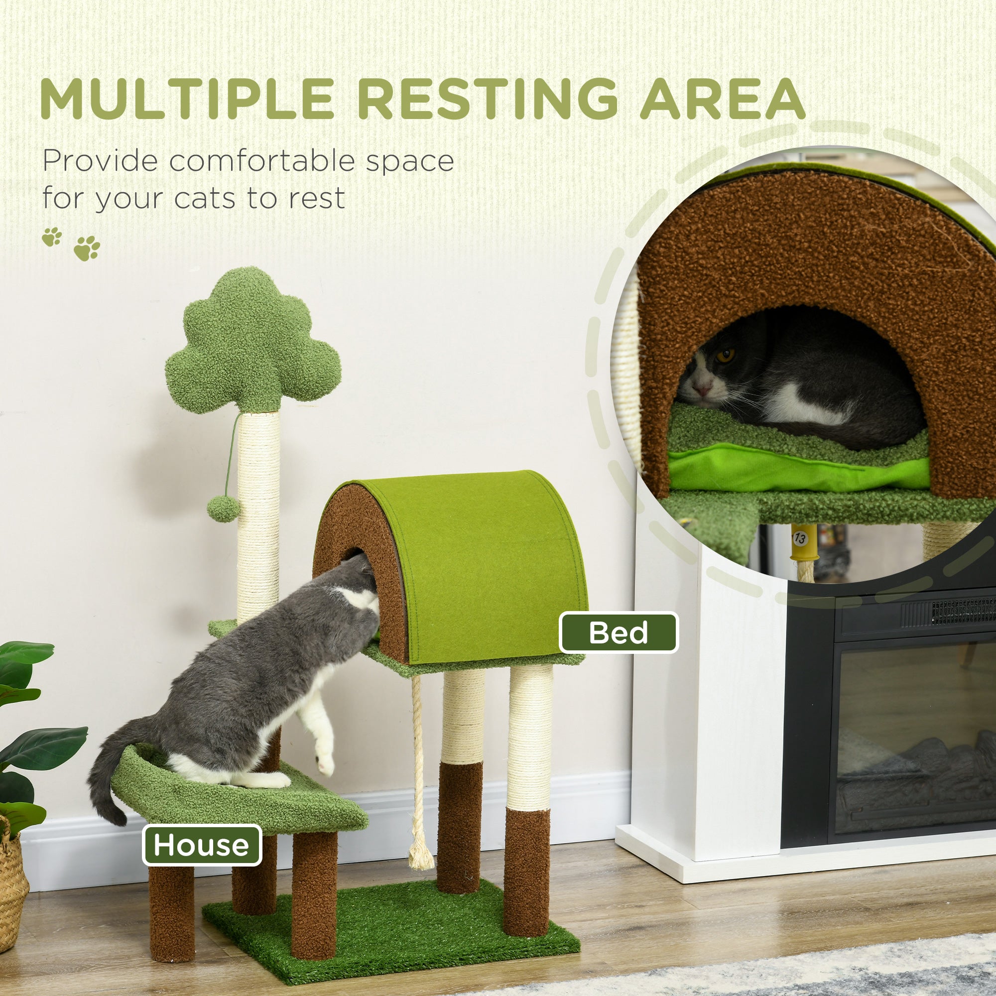 PawHut 42" Cat Tree with Scratching Posts, Cat Tower for Indoor Cats with Bed, House, Toy, Forest Themed, Green