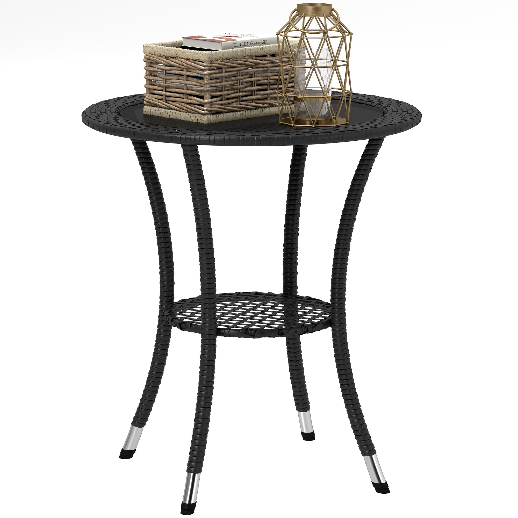 Outsunny Outdoor Rattan Dining Table, Patio Wicker Round Coffee Table with 2-Tier Storage Shelf, Black