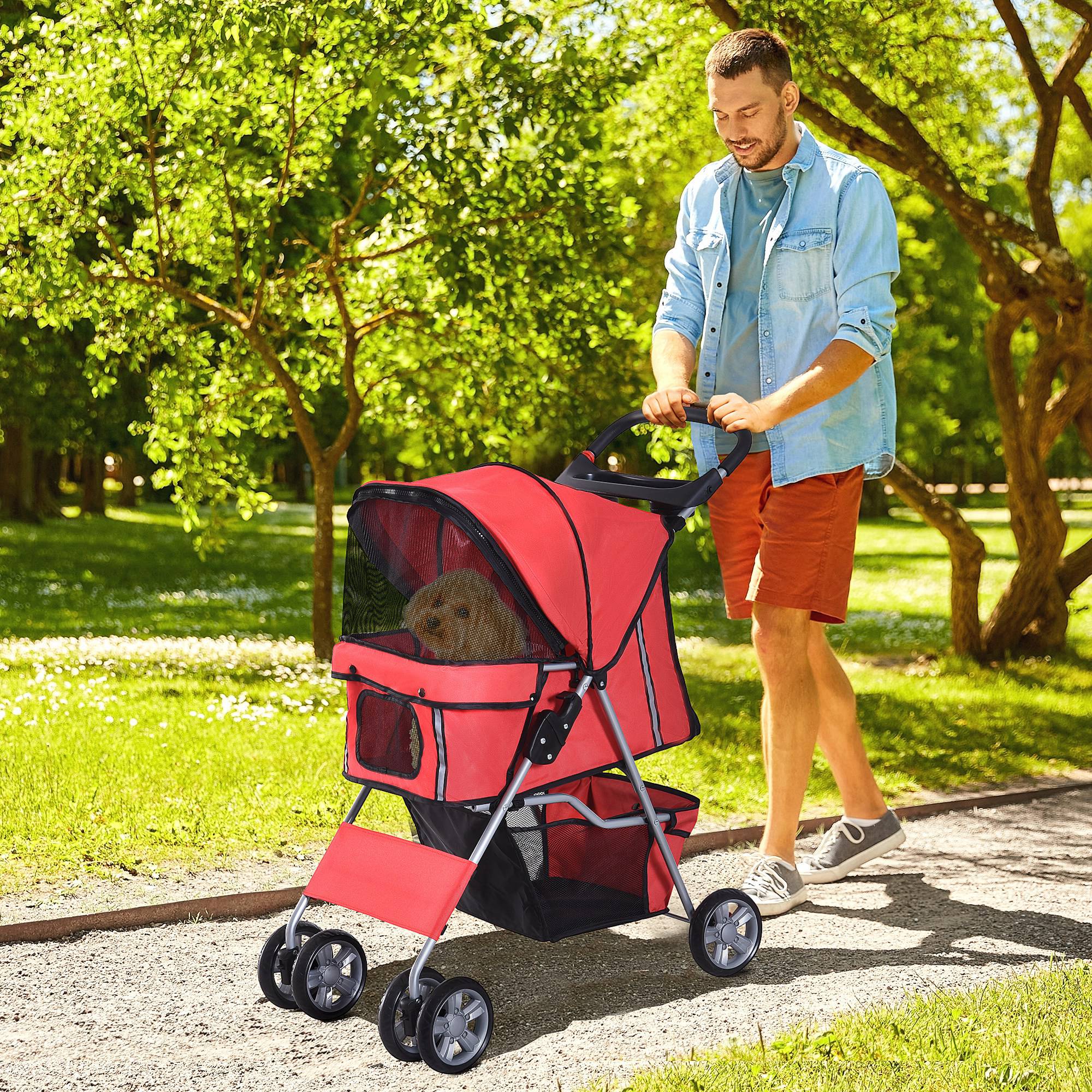 PawHut 4 Wheel Dog Pet Stroller Dog Cat Carrier Folding Sunshade Canopy with Brake, Red