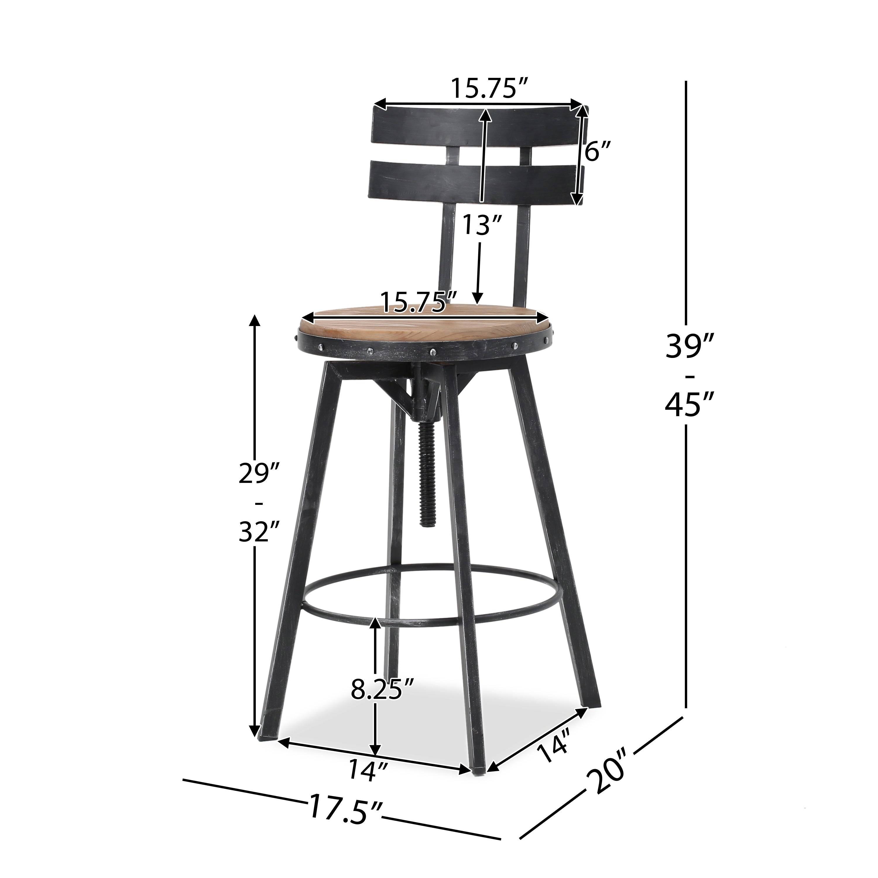 Adjustable Metal Barstool with Wooden Seat, 360° Swivel Design, 17.5" L x 20" W x 39-45" H, Antique Black
