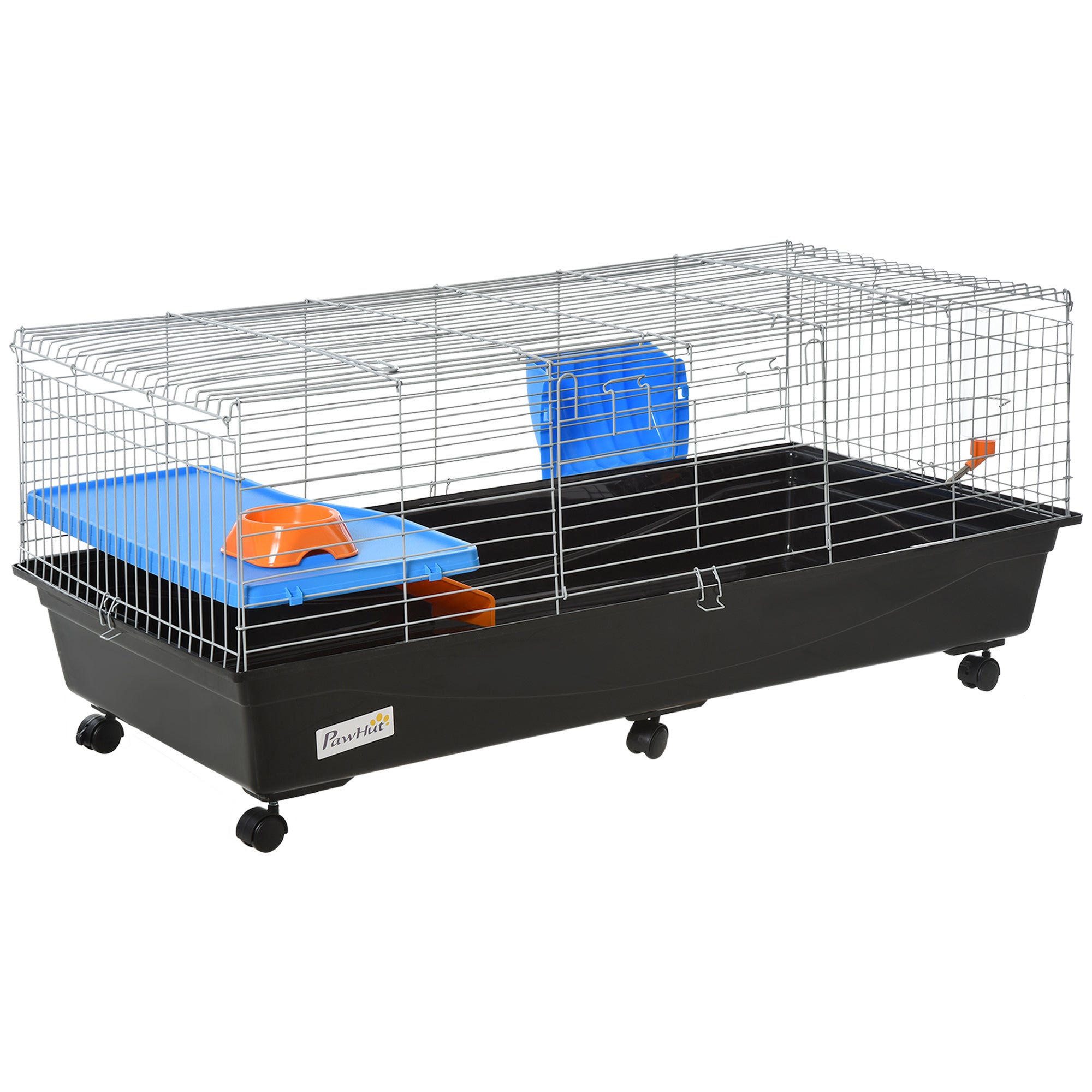 PawHut 47" Small Animal Cage, Rolling Guinea Pig Cage with Food Dish, Water Bottle, Hay Feeder, Platform, Ramp, Black
