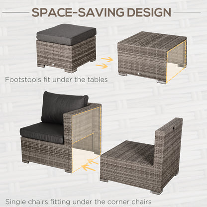 Outsunny 8 Pieces Patio Furniture Set, Outdoor Wicker Rattan Sofa Set Yard Conversation Seat Tea Table and Footstool Garden Patio Furniture w/ 2 Set Cushion Cover Grey & Orange
