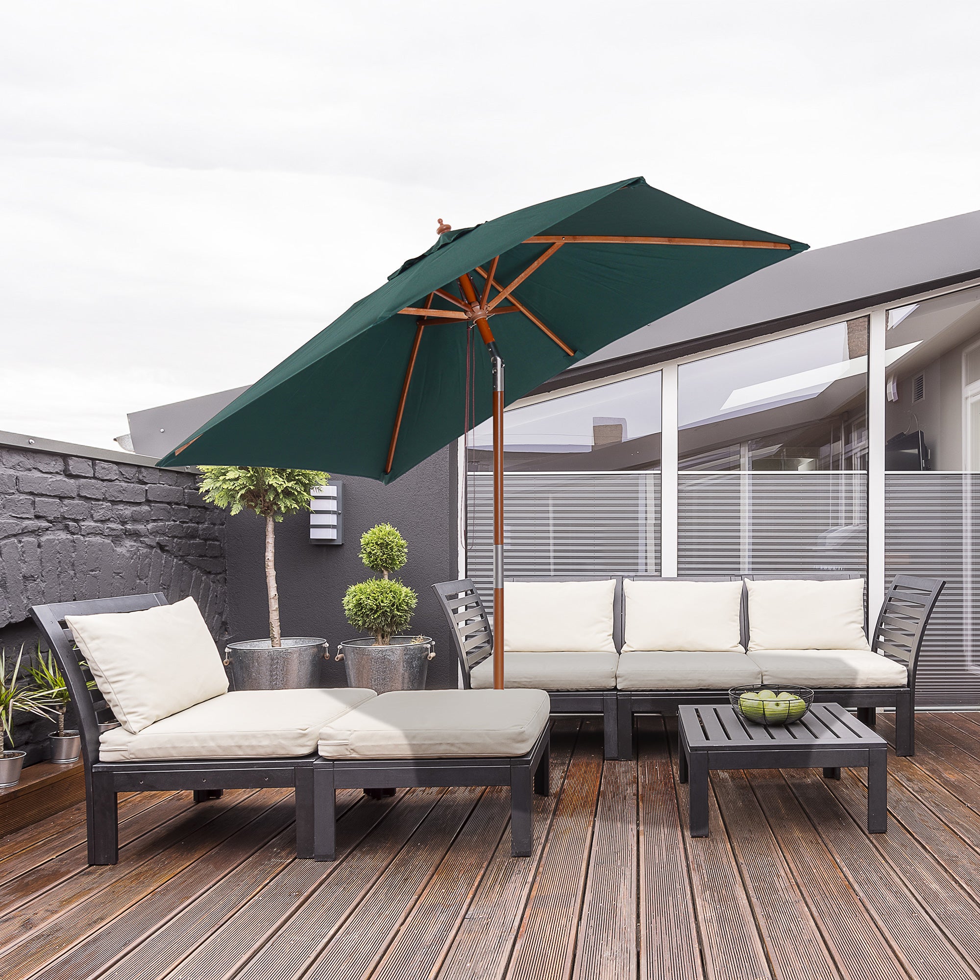 Outsunny 6.6x5ft Square Market Parasol, Wooden Patio Umbrella with Tilt Mechanism and 6 Bamboo Ribs, Garden Sunshade, Green