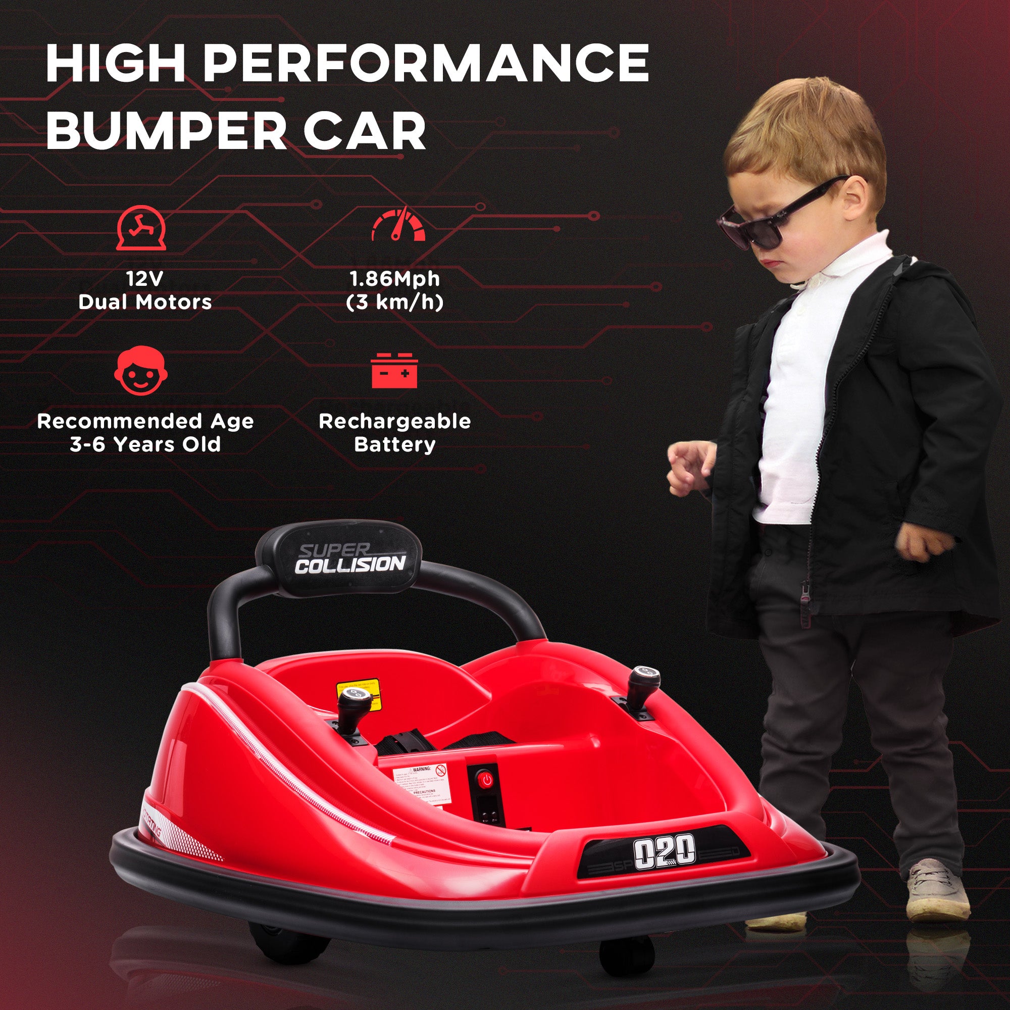 Aosom 12V Kids Bumper Car, 360° Rotation Electric Ride On Car, Twins Motor Battery Powered Toy, w/ Parent Remote Control, Safety Belt, Colorful LED Lights,, Red