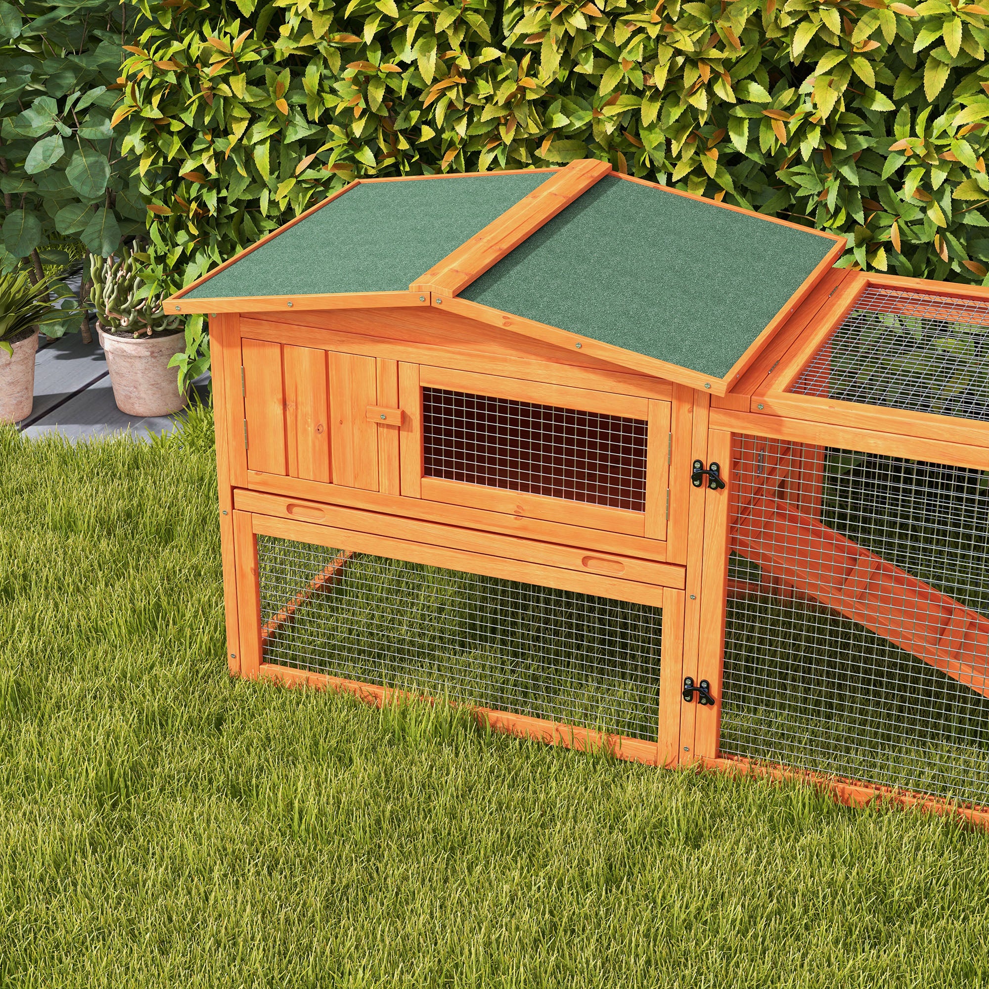PawHut Wooden Rabbit Hutch Guinea Pig House with Removable Tray, Openable Roof, Trough, Run for Tortoises and Ferrets, Orange