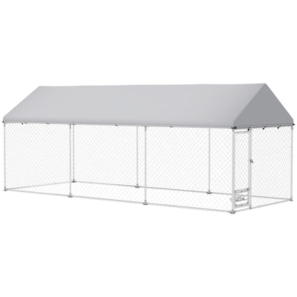 PawHut Outdoor Dog Run with Adjustable & Rotatable Bowls, Waterproof UV-Resistant Cover, Escape-Proof Lock, 19.7' x 7.5' x 7.5'