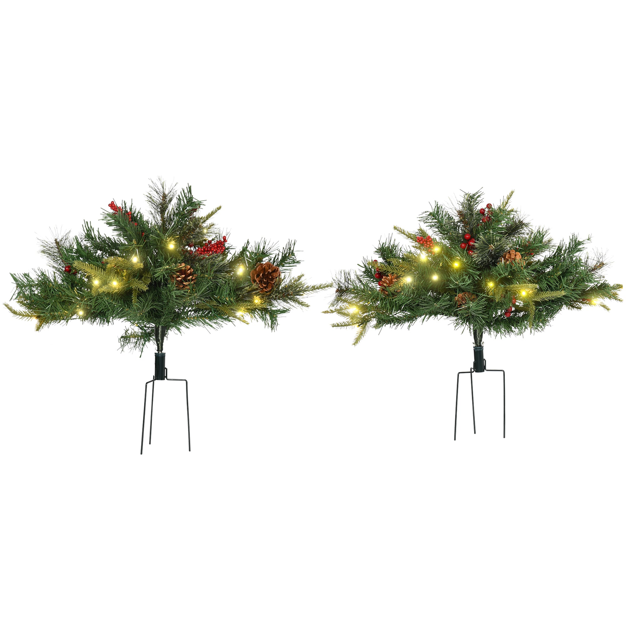 HOMCOM 1.5 Foot/16 inch 2 Pack Prelit Artificial Christmas Tree Cordless with 69 Branches, Warm White LED lights, Red Berries, Pine Cones, for Outdoor Entryway, Green