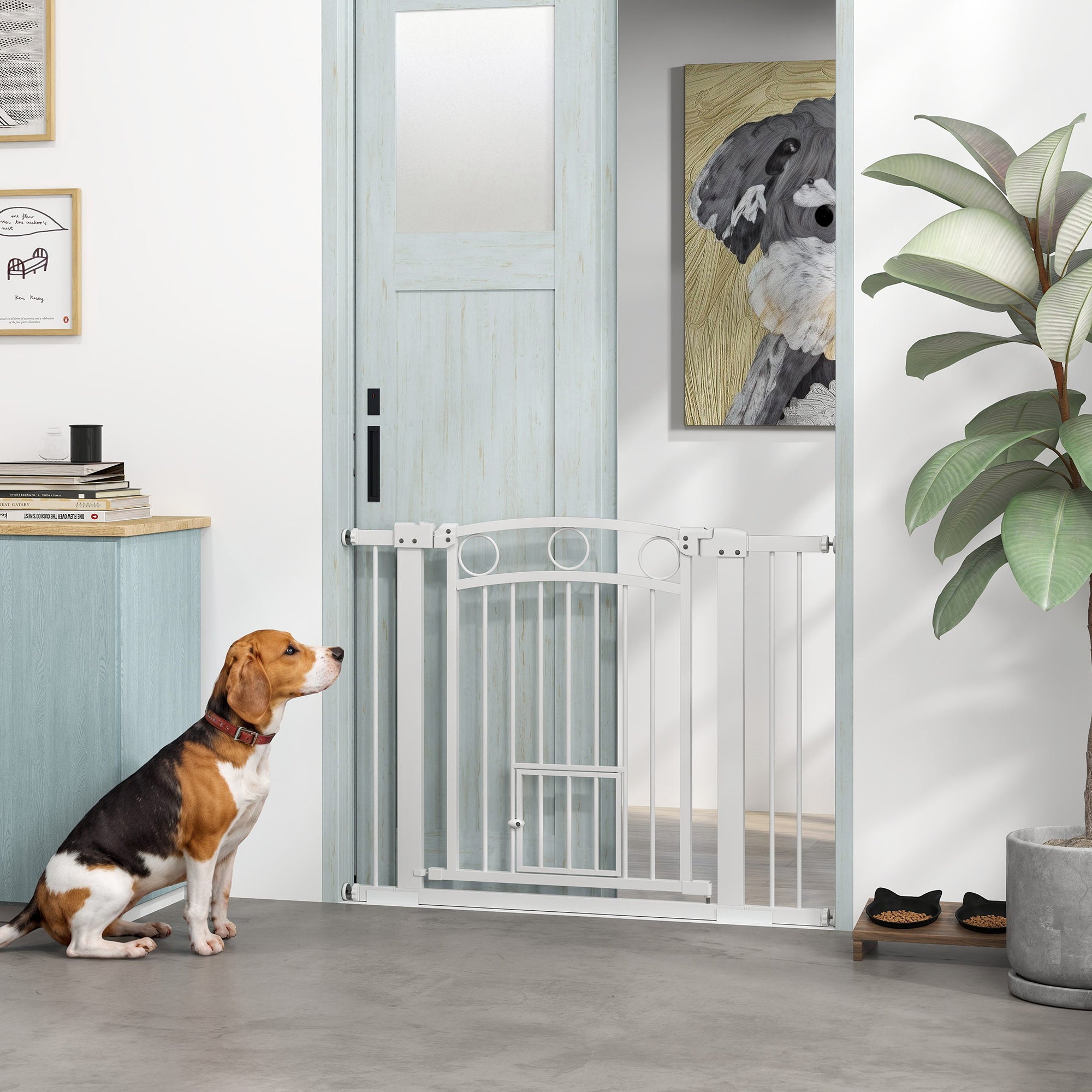 PawHut 30" Extra Tall Dog Gate w/ Cat Door, 2 Extension Kits, for Doorways, Hallways, Stairways, 30"-41" Width