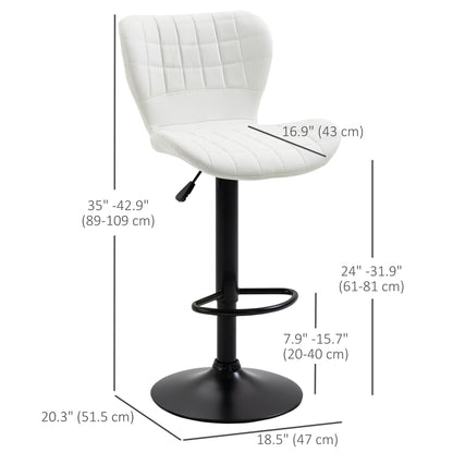 HOMCOM Bar Stools Set of 2 Adjustable Height Swivel Bar Chairs in PU Leather with Backrest & Footrest, White