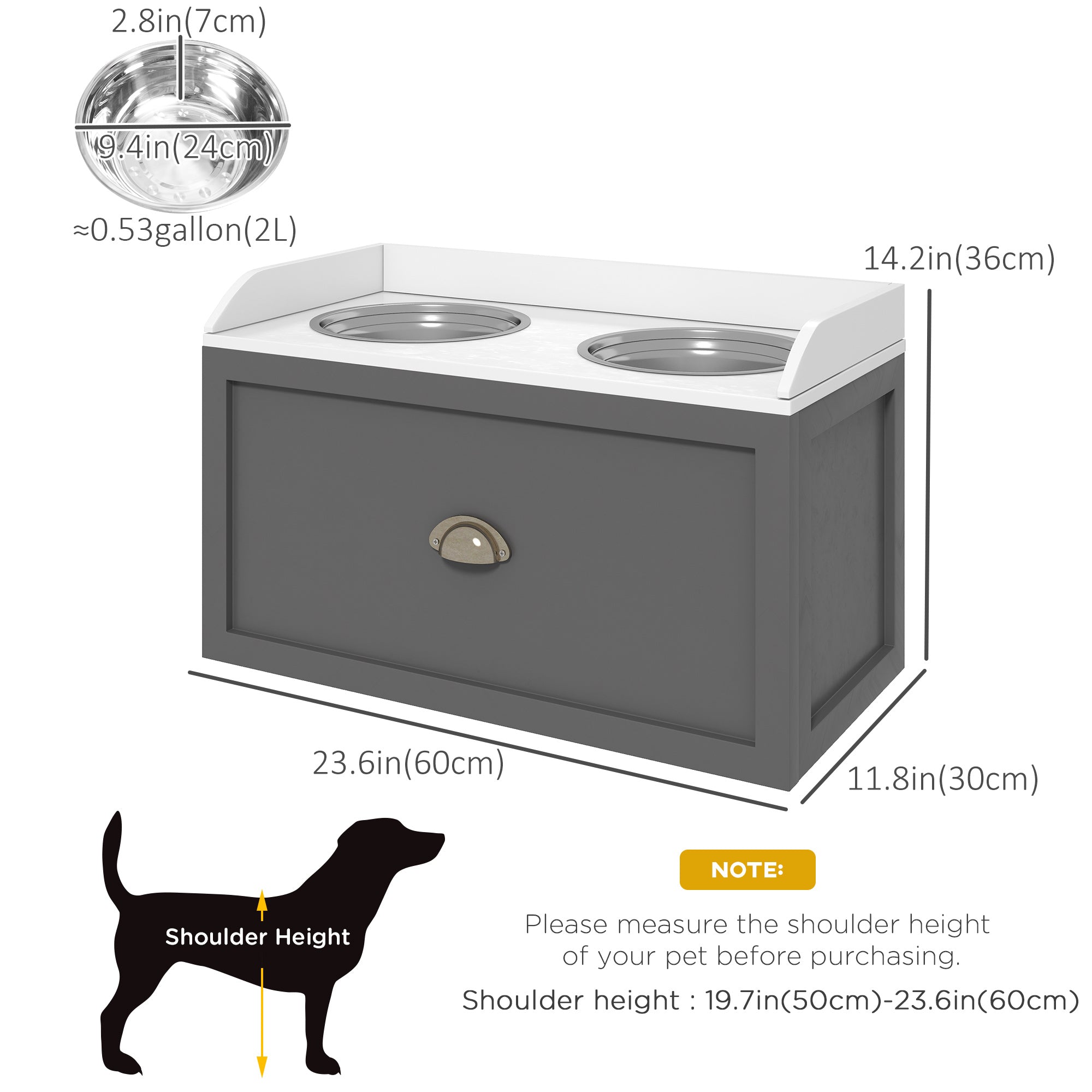 PawHut Large Elevated Dog Bowls with Storage Drawer, Raised Pet Feeding Station with 2 Stainless Steel Bowls, Grey