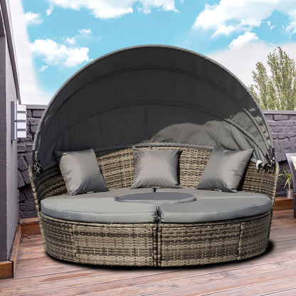 Outsunny 4 Pieces Outdoor Daybed with Retractable Canopy, PE Rattan Wicker Round Sofa Day Bed, Patio Sectional  Conversation Furniture Set with Cushions and Pillows, Grey