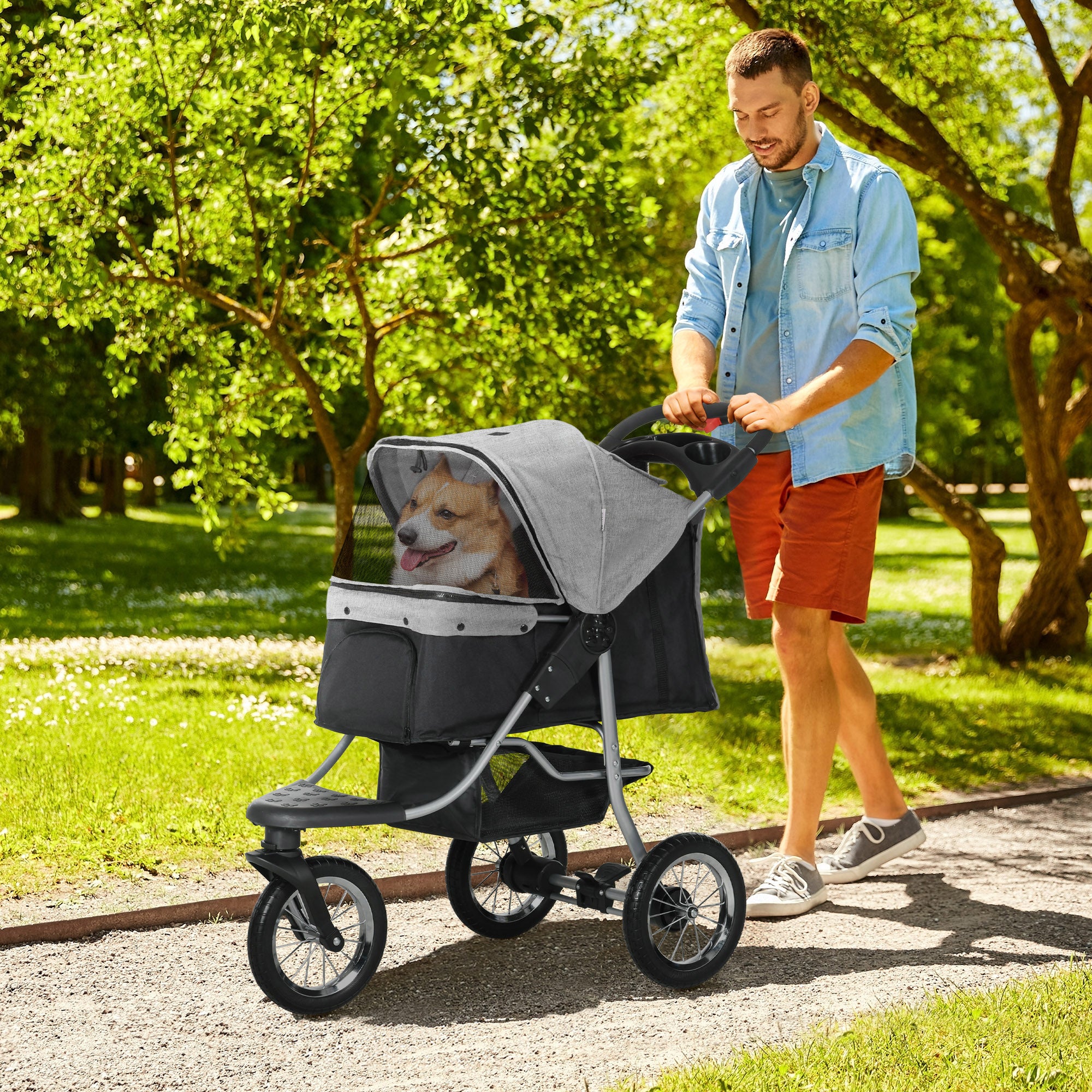 PawHut Pet Stroller with 3 Wheels, One-click Folding Design, Adjustable Canopy, Zippered Mesh Window Door, Grey