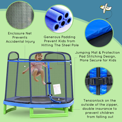 Outsunny 84.75" Kids Trampoline 7 FT Indoor Outdoor Trampolines with Safety Net Enclosure Built-in Zipper Padded Covering, for Boys and Girls, Blue